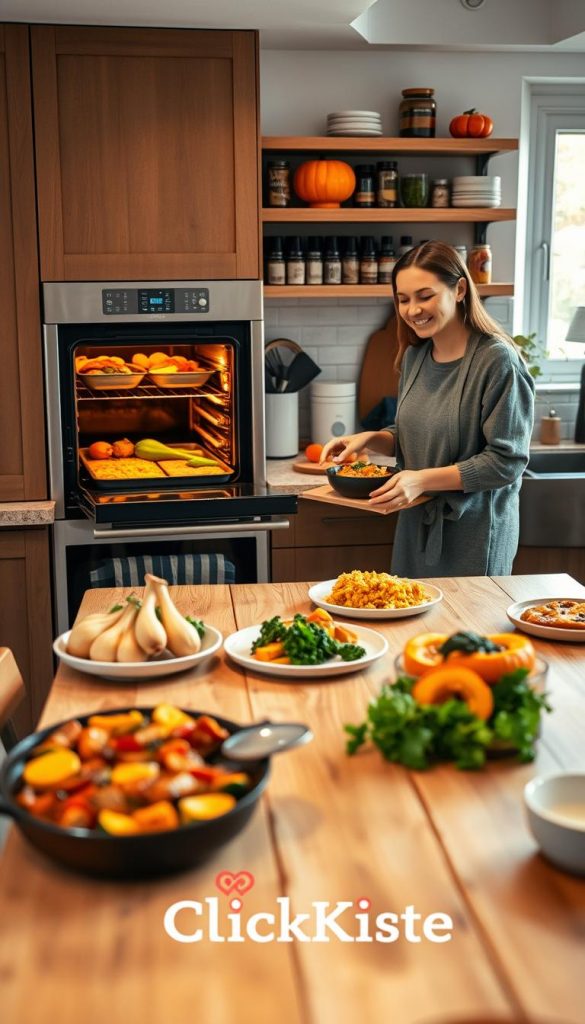A cozy kitchen scene featuring a modern, well-organized oven with delicious, colorful one-pot autumn dishes like pumpkin risotto and baked savory casseroles, radiating warm, inviting colors. In the foreground, a parent with modest casual clothing is joyfully preparing ingredients on a wooden countertop, surrounded by fresh seasonal vegetables like squash and kale. In the middle ground, a rustic wooden dining table is beautifully set with plates of food, creating a welcoming atmosphere for family dining. The background includes shelves adorned with spices and kitchen utensils, softly lit by natural light coming through a window. The overall mood is homely and inspiring, styled in a warm Pinterest aesthetic. The brand name "KlickKiste" subtly incorporated in the design, enhancing the image’s charm without text or overlays.