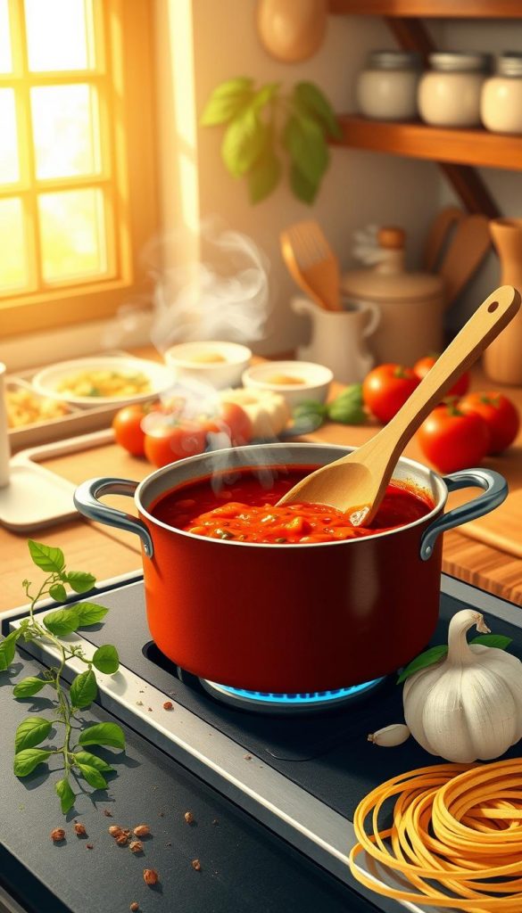 A cozy kitchen scene featuring a pot of rich sauce simmering on the stove, with aromatic herbs and spices sprinkled around. In the foreground, a wooden spoon rests against the pot, allowing steam to rise and create a warm, inviting atmosphere. The middle ground reveals a rustic kitchen table adorned with fresh ingredients like garlic, tomatoes, and basil, emphasizing the process of creating delicious pasta sauces. In the background, soft golden light filters through a window, enhancing the natural warmth of the scene and casting gentle shadows. The overall mood is comforting and inspiring, perfect for home-cooked family meals. The image embodies an authentic Pinterest aesthetic, showcasing culinary creativity and family togetherness. This illustration decorates the cooking journey under the brand "KlickKiste."