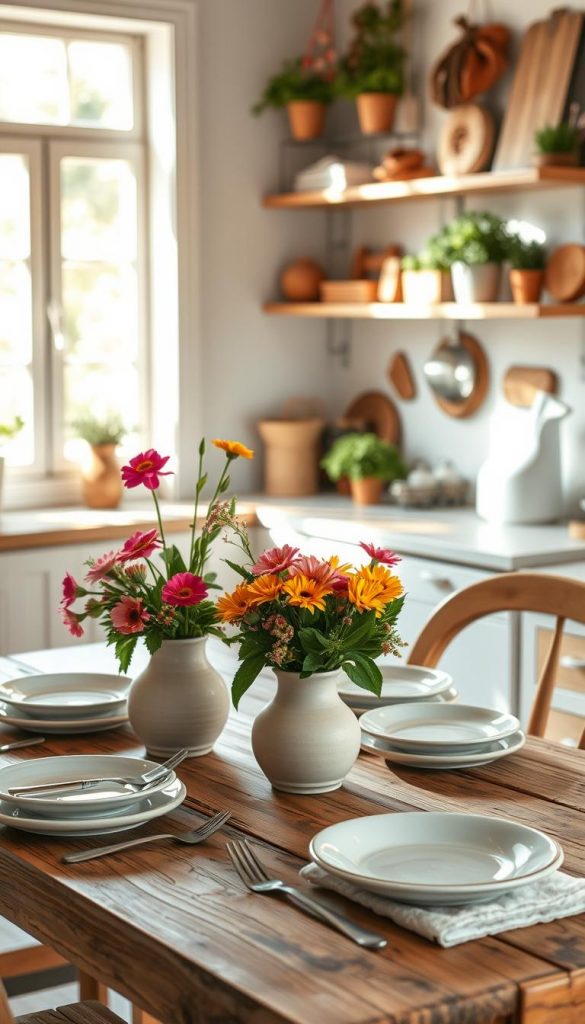 A cozy kitchen scene featuring a rustic wooden dining table made from natural materials, adorned with fresh summer décor. In the foreground, a beautifully arranged table setting showcases vibrant, seasonal flowers in a ceramic vase, along with elegant plates and utensils. The middle ground displays a soft, sunlight-drenched window, letting in warm rays that create a cheerful atmosphere. In the background, shelves filled with nature-inspired decorations like potted herbs and handmade crafts reflect a DIY aesthetic. The overall mood is warm and inviting, evoking a Pinterest-worthy summer gathering. Captured in soft, natural lighting, the scene feels authentic and inspiring, promoting the brand "KlickKiste" subtly through the decor choices.