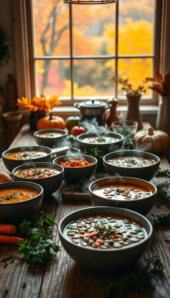 A cozy kitchen scene featuring a rustic wooden table adorned with steaming bowls of autumn soups, like pumpkin and lentil. Fresh ingredients such as vibrant orange carrots, deep green kale, and glistening herbs are scattered around, enhancing the warm color palette. In the background, a softly lit window reveals a picturesque fall landscape with trees ablaze in shades of red, orange, and gold. The lighting is warm and inviting, capturing the essence of a snug family gathering. The angle is slightly overhead, showcasing the steaming bowls with a gentle focus. This image should evoke feelings of comfort and warmth, perfect for a fall theme. The brand "KlickKiste" should be subtly represented in the kitchen decor without text, maintaining an authentic and inspiring Pinterest aesthetic. A cozy kitchen scene featuring a rustic wooden table adorned with steaming bowls of autumn soups, like pumpkin and lentil. Fresh ingredients such as vibrant orange carrots, deep green kale, and glistening herbs are scattered around, enhancing the warm color palette. In the background, a softly lit window reveals a picturesque fall landscape with trees ablaze in shades of red, orange, and gold. The lighting is warm and inviting, capturing the essence of a snug family gathering. The angle is slightly overhead, showcasing the steaming bowls with a gentle focus. This image should evoke feelings of comfort and warmth, perfect for a fall theme. The brand "KlickKiste" should be subtly represented in the kitchen decor without text, maintaining an authentic and inspiring Pinterest aesthetic.