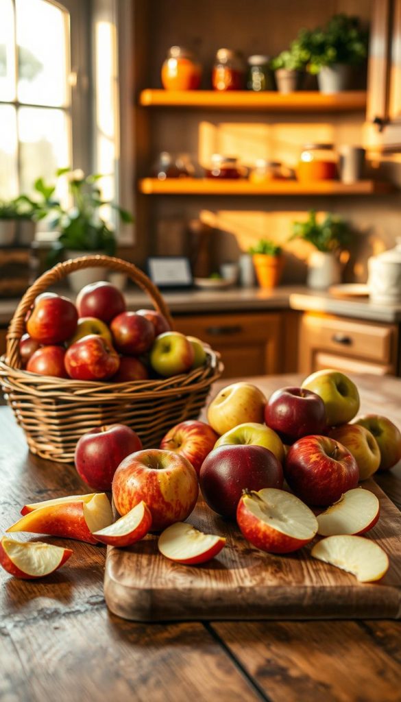 A cozy kitchen scene featuring a rustic wooden table elegantly arranged with freshly harvested apples in various shades of red and green. In the foreground, a wicker basket filled with whole apples, some partially peeled on a wooden cutting board, creating a sense of homeliness and culinary creativity. In the middle ground, a window allowing warm, golden light to filter through, casting soft shadows and highlighting dew droplets on the apples, emphasizing their freshness. Shelves lined with glass jars of apple preserves and a potted herb plant add a touch of natural beauty. The background consists of a blurred kitchen setting with wooden cabinets and subtle decorative elements, evoking an inspiring and inviting atmosphere. The overall color palette is warm and inviting, embodying the essence of "KlickKiste". A cozy kitchen scene featuring a rustic wooden table elegantly arranged with freshly harvested apples in various shades of red and green. In the foreground, a wicker basket filled with whole apples, some partially peeled on a wooden cutting board, creating a sense of homeliness and culinary creativity. In the middle ground, a window allowing warm, golden light to filter through, casting soft shadows and highlighting dew droplets on the apples, emphasizing their freshness. Shelves lined with glass jars of apple preserves and a potted herb plant add a touch of natural beauty. The background consists of a blurred kitchen setting with wooden cabinets and subtle decorative elements, evoking an inspiring and inviting atmosphere. The overall color palette is warm and inviting, embodying the essence of "KlickKiste".