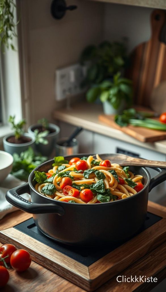 A cozy kitchen scene featuring a steaming one-pot pasta dish, vibrant with colorful vegetables like cherry tomatoes, spinach, and bell peppers, all cooked together in a rustic pot. Arrange a wooden spoon resting beside the pot, hinting at the easy preparation method. Soft, warm lighting illuminates the kitchen, creating an inviting atmosphere. In the background, neatly arranged herbs in pots and a wooden cutting board with fresh ingredients enhance the natural vibe. The image captures a moment of culinary inspiration, perfect for a family meal, showcasing a Pinterest-worthy aesthetic. This scene embodies the quick, wholesome cooking theme, reflecting the essence of "Schnell im Familienalltag" and is attributed to KlickKiste. A cozy kitchen scene featuring a steaming one-pot pasta dish, vibrant with colorful vegetables like cherry tomatoes, spinach, and bell peppers, all cooked together in a rustic pot. Arrange a wooden spoon resting beside the pot, hinting at the easy preparation method. Soft, warm lighting illuminates the kitchen, creating an inviting atmosphere. In the background, neatly arranged herbs in pots and a wooden cutting board with fresh ingredients enhance the natural vibe. The image captures a moment of culinary inspiration, perfect for a family meal, showcasing a Pinterest-worthy aesthetic. This scene embodies the quick, wholesome cooking theme, reflecting the essence of "Schnell im Familienalltag" and is attributed to KlickKiste.