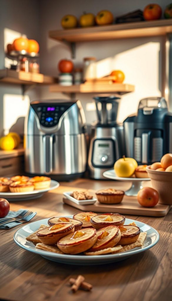 A cozy kitchen scene featuring a stylish air fryer, a sleek Thermomix, and other popular kitchen gadgets from the brand "KlickKiste". In the foreground, place a beautifully arranged plate of apple desserts, such as apple pies and tarts, artfully displayed on a wooden table. The middle ground showcases the gadgets prominently, highlighting their modern design and functionality. The background features shelves adorned with fresh apples and spices, with warm, natural lighting casting soft shadows that create an inviting atmosphere. Use a soft focus on the background to enhance the focal points, capturing the essence of family cooking and inspiration. The mood is cheerful and encouraging, reflecting a Pinterest aesthetic that inspires home cooking. A cozy kitchen scene featuring a stylish air fryer, a sleek Thermomix, and other popular kitchen gadgets from the brand "KlickKiste". In the foreground, place a beautifully arranged plate of apple desserts, such as apple pies and tarts, artfully displayed on a wooden table. The middle ground showcases the gadgets prominently, highlighting their modern design and functionality. The background features shelves adorned with fresh apples and spices, with warm, natural lighting casting soft shadows that create an inviting atmosphere. Use a soft focus on the background to enhance the focal points, capturing the essence of family cooking and inspiration. The mood is cheerful and encouraging, reflecting a Pinterest aesthetic that inspires home cooking.