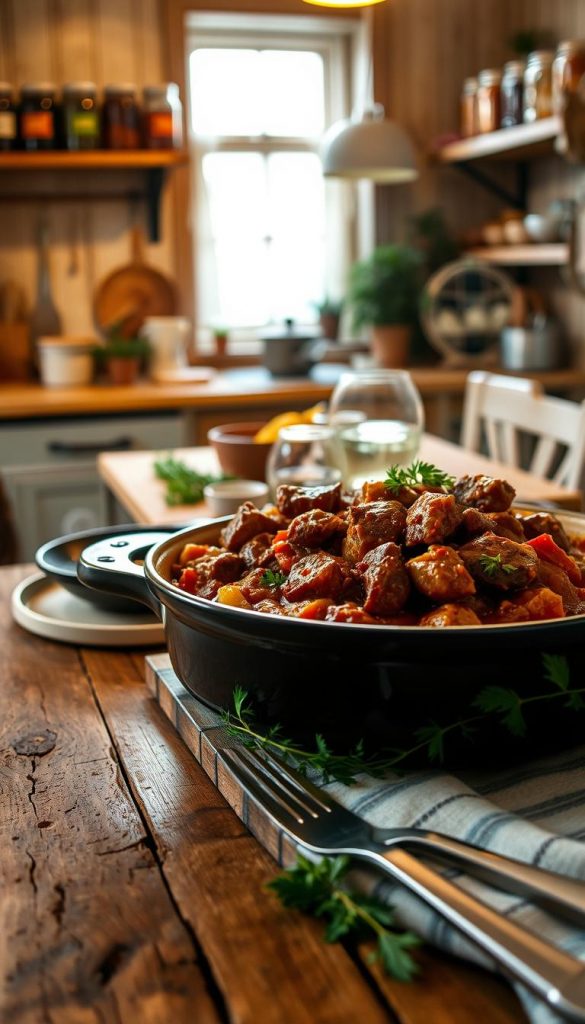 A cozy kitchen scene featuring a traditional Pfundstopf oven dish, filled with rich, savory goulash. In the foreground, a rustic wooden table holds the Pfundstopf, steaming with hearty meat and colorful vegetables, surrounded by fresh herbs and spices. The dish is glossy, indicating a slow-cooked richness, invitingly displayed in a vintage casserole. In the middle ground, soft, warm lighting from a nearby window highlights the texture of the dish and the lovingly set table, which includes simple pottery and cutlery, accentuating a warm, homely atmosphere. In the background, a quaint kitchen with wooden shelves lined with jars of ingredients and pots, exuding an authentic, Pinterest-worthy aesthetic. The overall mood is inviting and festive, capturing the spirit of sharing a meal. Make sure the style is natural with warm colors, embodying the brand "KlickKiste" for an inspiring cooking experience. A cozy kitchen scene featuring a traditional Pfundstopf oven dish, filled with rich, savory goulash. In the foreground, a rustic wooden table holds the Pfundstopf, steaming with hearty meat and colorful vegetables, surrounded by fresh herbs and spices. The dish is glossy, indicating a slow-cooked richness, invitingly displayed in a vintage casserole. In the middle ground, soft, warm lighting from a nearby window highlights the texture of the dish and the lovingly set table, which includes simple pottery and cutlery, accentuating a warm, homely atmosphere. In the background, a quaint kitchen with wooden shelves lined with jars of ingredients and pots, exuding an authentic, Pinterest-worthy aesthetic. The overall mood is inviting and festive, capturing the spirit of sharing a meal. Make sure the style is natural with warm colors, embodying the brand "KlickKiste" for an inspiring cooking experience.