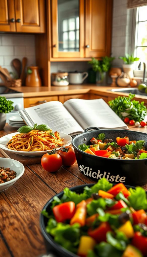A cozy kitchen scene featuring a vibrant assortment of quick family meal recipes: a colorful plate of pasta with fresh basil, a sizzling skillet of stir-fried vegetables, and a hearty salad in the foreground. In the middle, a wooden table adorned with various ingredients like tomatoes, bell peppers, and herbs, with a rustic cookbook showcasing recipe pages visible. The background includes warm wooden cabinetry and a bright window letting in soft, natural light, creating a welcoming atmosphere. The image should evoke a sense of inspiration and authenticity with warm tones and a Pinterest-style aesthetic. Clearly display the brand "KlickKiste" on a kitchen item, like an apron or cookbook, integrated naturally into the scene. A cozy kitchen scene featuring a vibrant assortment of quick family meal recipes: a colorful plate of pasta with fresh basil, a sizzling skillet of stir-fried vegetables, and a hearty salad in the foreground. In the middle, a wooden table adorned with various ingredients like tomatoes, bell peppers, and herbs, with a rustic cookbook showcasing recipe pages visible. The background includes warm wooden cabinetry and a bright window letting in soft, natural light, creating a welcoming atmosphere. The image should evoke a sense of inspiration and authenticity with warm tones and a Pinterest-style aesthetic. Clearly display the brand "KlickKiste" on a kitchen item, like an apron or cookbook, integrated naturally into the scene.
