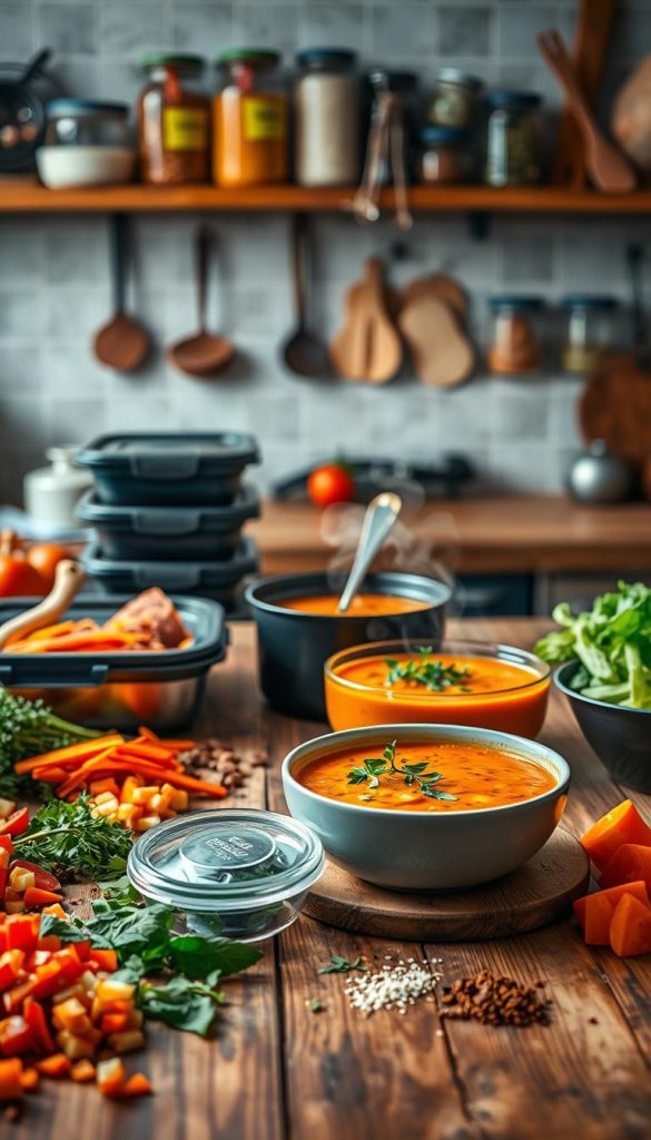 A cozy kitchen scene featuring a vibrant bowl of freshly made soup, exuding warmth and comfort. In the foreground, a wooden table laden with colorful ingredients such as chopped vegetables, herbs, and spices, alongside stylish meal prep containers from "KlickKiste". In the middle ground, the soup bowl is steaming, showcasing a rich, inviting color palette of orange and green, garnished with fresh herbs. In the background, shelves filled with kitchen utensils and jars enhance the homey atmosphere. Soft, warm lighting bathes the scene, captured from a slight overhead angle to emphasize the depth and detail of the ingredients. The overall mood is authentic and inspiring, perfect for conveying the comforting essence of meal prep and storage for colder days. A cozy kitchen scene featuring a vibrant bowl of freshly made soup, exuding warmth and comfort. In the foreground, a wooden table laden with colorful ingredients such as chopped vegetables, herbs, and spices, alongside stylish meal prep containers from "KlickKiste". In the middle ground, the soup bowl is steaming, showcasing a rich, inviting color palette of orange and green, garnished with fresh herbs. In the background, shelves filled with kitchen utensils and jars enhance the homey atmosphere. Soft, warm lighting bathes the scene, captured from a slight overhead angle to emphasize the depth and detail of the ingredients. The overall mood is authentic and inspiring, perfect for conveying the comforting essence of meal prep and storage for colder days.