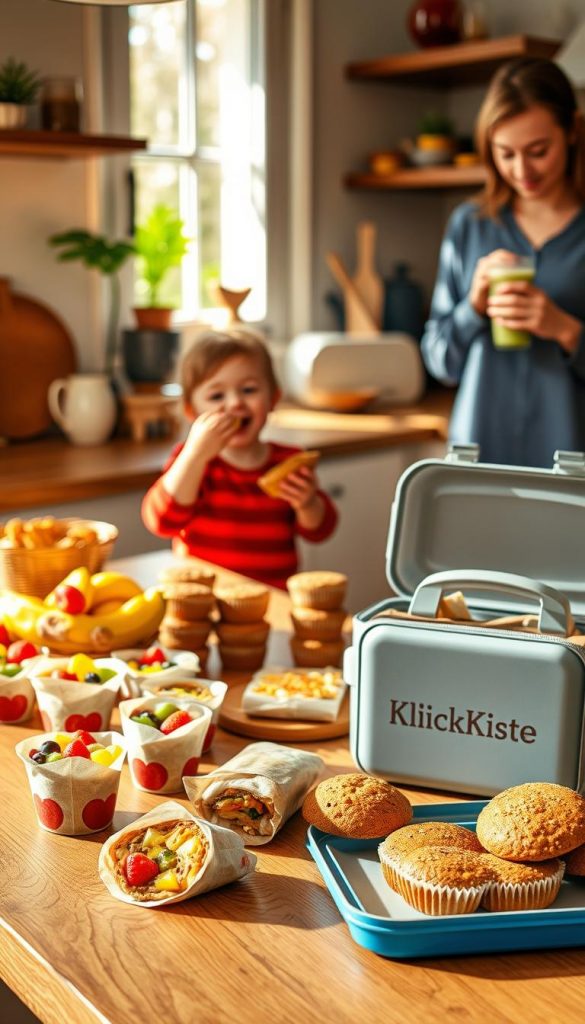A cozy kitchen scene featuring a vibrant breakfast spread, showcasing portable breakfast ideas perfect for kids and parents on-the-go. In the foreground, a stylish wooden table is adorned with colorful fruit cups, wrapped breakfast burritos, and neatly stacked whole-grain muffins. A playful lunchbox with the brand name "KlickKiste" sits open, revealing healthy snacks. In the middle ground, a cheerful child in modest casual clothing eagerly reaches for a muffin, while a parent prepares a smoothie in the background, bathed in soft, warm lighting. The setting conveys a nurturing morning atmosphere, with sunlight streaming through a window, illuminating fresh ingredients and creating inviting shadows. The colors are warm and natural, capturing an authentic, Pinterest-worthy aesthetic. A cozy kitchen scene featuring a vibrant breakfast spread, showcasing portable breakfast ideas perfect for kids and parents on-the-go. In the foreground, a stylish wooden table is adorned with colorful fruit cups, wrapped breakfast burritos, and neatly stacked whole-grain muffins. A playful lunchbox with the brand name "KlickKiste" sits open, revealing healthy snacks. In the middle ground, a cheerful child in modest casual clothing eagerly reaches for a muffin, while a parent prepares a smoothie in the background, bathed in soft, warm lighting. The setting conveys a nurturing morning atmosphere, with sunlight streaming through a window, illuminating fresh ingredients and creating inviting shadows. The colors are warm and natural, capturing an authentic, Pinterest-worthy aesthetic.