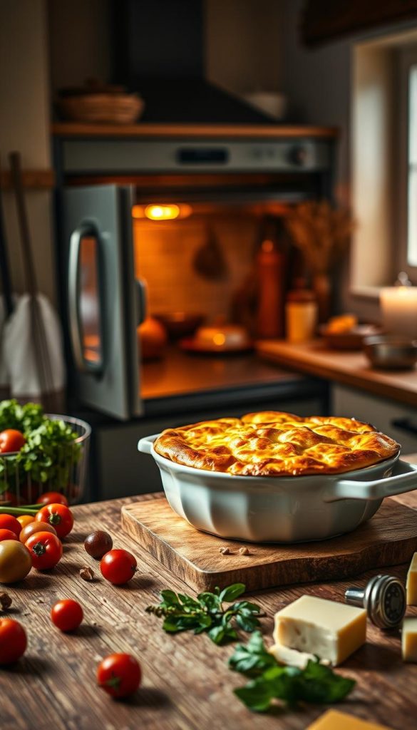 A cozy kitchen scene featuring a vibrant, freshly baked "auflauf" bubbling in a ceramic dish, placed on a wooden countertop. In the foreground, a rustic table with fresh ingredients like colorful vegetables, herbs, and cheese scattered around, creating an inviting cooking atmosphere. The middle ground showcases the oven door slightly ajar, releasing warm, golden light that enhances the dish's golden crust. In the background, soft natural light filters through a nearby window, illuminating the warm, inviting tones of the kitchen décor. The overall mood is one of comfort and ease, evoking a sense of family togetherness. The style is authentic and inspiring, with a Pinterest aesthetic that reflects the brand "KlickKiste". A cozy kitchen scene featuring a vibrant, freshly baked "auflauf" bubbling in a ceramic dish, placed on a wooden countertop. In the foreground, a rustic table with fresh ingredients like colorful vegetables, herbs, and cheese scattered around, creating an inviting cooking atmosphere. The middle ground showcases the oven door slightly ajar, releasing warm, golden light that enhances the dish's golden crust. In the background, soft natural light filters through a nearby window, illuminating the warm, inviting tones of the kitchen décor. The overall mood is one of comfort and ease, evoking a sense of family togetherness. The style is authentic and inspiring, with a Pinterest aesthetic that reflects the brand "KlickKiste".
