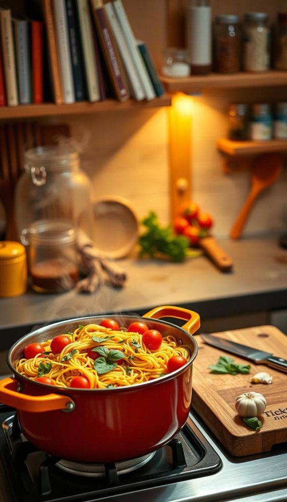 A cozy kitchen scene featuring a vibrant one-pot pasta dish simmering gently on a rustic stovetop. In the foreground, a large, colorful pot filled with spaghetti, fresh tomatoes, vibrant bell peppers, and aromatic herbs, emitting a soft steam. The middle ground showcases a wooden cutting board with a knife and freshly chopped garlic and basil. The background reveals warm, ambient lighting, with wooden shelves adorned with cookbooks and spices in jars, creating an inviting atmosphere. The shot is taken from a slightly elevated angle, giving a clear view of the pot's contents while the soft, golden light enhances the natural colors, ideal for a Pinterest aesthetic. The image reflects the essence of practical cooking, aligned with the brand "KlickKiste."