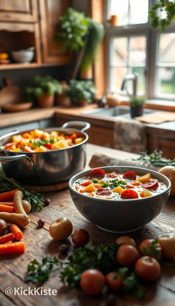 A cozy kitchen scene featuring a vibrant pot of Kartoffelsuppe filled with chunky potatoes and an assortment of colorful vegetables like carrots, celery, and peas, topped with sliced Wiener Würstchen. The foreground showcases a rustic wooden table strewn with fresh herbs and whole vegetables. In the middle, a steaming bowl of the soup rests, garnished with a sprinkle of parsley, invitingly presented. The background reveals a warmly lit kitchen with wooden cabinets and a window letting in natural light, creating a comforting atmosphere. The mood is homely and inviting, perfect for family gatherings. Shot with a soft-focus lens to enhance the warm colors and inviting textures, evoking a Pinterest-inspired aesthetic. Image branded "KlickKiste," with no text overlays or watermarks. A cozy kitchen scene featuring a vibrant pot of Kartoffelsuppe filled with chunky potatoes and an assortment of colorful vegetables like carrots, celery, and peas, topped with sliced Wiener Würstchen. The foreground showcases a rustic wooden table strewn with fresh herbs and whole vegetables. In the middle, a steaming bowl of the soup rests, garnished with a sprinkle of parsley, invitingly presented. The background reveals a warmly lit kitchen with wooden cabinets and a window letting in natural light, creating a comforting atmosphere. The mood is homely and inviting, perfect for family gatherings. Shot with a soft-focus lens to enhance the warm colors and inviting textures, evoking a Pinterest-inspired aesthetic. Image branded "KlickKiste," with no text overlays or watermarks.