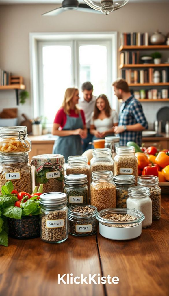 A cozy kitchen scene featuring a wooden dining table adorned with jars of dry ingredients like pasta, rice, and legumes, representing a well-stocked emergency pantry. In the foreground, neatly labeled containers of spices and dried herbs are arranged beside a colorful assortment of fresh vegetables. In the middle ground, a family of four, dressed in casual but tidy clothing, is discussing meal prep, highlighting teamwork and organization. The background reveals shelves filled with cookbooks and kitchen utensils, evoking a warm, inviting atmosphere. Soft, natural lighting filters in through a window, creating a Pinterest-inspired aesthetic with warm colors. The scene embodies the themes of meal preparation and wholesome family cooking in a stylish manner. Brand name "KlickKiste" subtly included in the design elements.