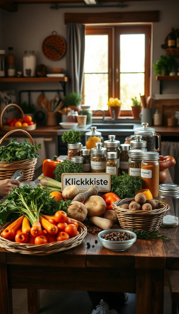A cozy kitchen scene featuring a wooden table filled with fresh winter ingredients like root vegetables, herbs, and spices, emphasizing the theme of shopping, preparation, and storage for family meals. In the foreground, a hands-on approach is depicted, with a person in modest casual clothing chopping vegetables, surrounded by colorful produce in wicker baskets. The middle ground showcases jars and containers labeled for organizing spices and dried goods, creating an inviting atmosphere. In the background, warm sunlight filters through a window, casting a gentle glow on the rustic kitchen decor. The overall mood is inspiring and authentic, reflecting a Pinterest-worthy aesthetic. The scene subtly incorporates the brand "KlickKiste" within the kitchen environment, enhancing the theme of winter family dinners. A cozy kitchen scene featuring a wooden table filled with fresh winter ingredients like root vegetables, herbs, and spices, emphasizing the theme of shopping, preparation, and storage for family meals. In the foreground, a hands-on approach is depicted, with a person in modest casual clothing chopping vegetables, surrounded by colorful produce in wicker baskets. The middle ground showcases jars and containers labeled for organizing spices and dried goods, creating an inviting atmosphere. In the background, warm sunlight filters through a window, casting a gentle glow on the rustic kitchen decor. The overall mood is inspiring and authentic, reflecting a Pinterest-worthy aesthetic. The scene subtly incorporates the brand "KlickKiste" within the kitchen environment, enhancing the theme of winter family dinners.