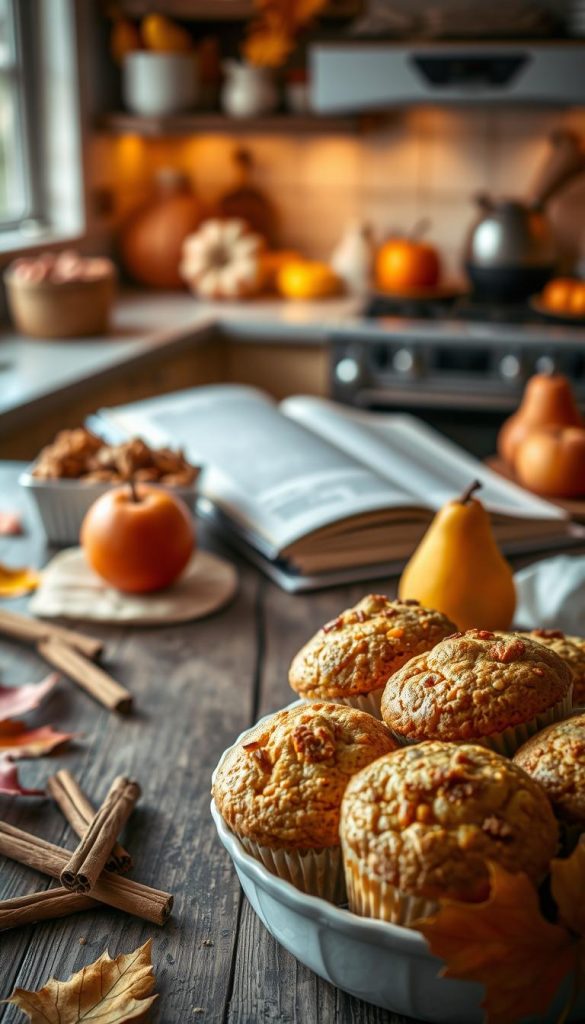 A cozy kitchen scene featuring an assortment of sweet autumn recipes, including warm apple crisp, pumpkin spice muffins, and cinnamon-drizzled pears arranged beautifully on a rustic wooden table. In the foreground, a bowl of freshly baked muffins with their golden tops, surrounded by scattered cinnamon sticks and vibrant autumn leaves. The middle ground showcases a softly illuminated kitchen countertop with a vintage cookbook open to a fall dessert recipe. In the background, blurred elements of the kitchen, with warm ambient lighting enhancing the inviting atmosphere. The color palette is rich with warm oranges, deep browns, and soft yellows, evoking a comforting autumn mood. The image captures the essence of "KlickKiste", reflecting natural beauty and Pinterest-inspired aesthetics, perfect for fall. A cozy kitchen scene featuring an assortment of sweet autumn recipes, including warm apple crisp, pumpkin spice muffins, and cinnamon-drizzled pears arranged beautifully on a rustic wooden table. In the foreground, a bowl of freshly baked muffins with their golden tops, surrounded by scattered cinnamon sticks and vibrant autumn leaves. The middle ground showcases a softly illuminated kitchen countertop with a vintage cookbook open to a fall dessert recipe. In the background, blurred elements of the kitchen, with warm ambient lighting enhancing the inviting atmosphere. The color palette is rich with warm oranges, deep browns, and soft yellows, evoking a comforting autumn mood. The image captures the essence of "KlickKiste", reflecting natural beauty and Pinterest-inspired aesthetics, perfect for fall.