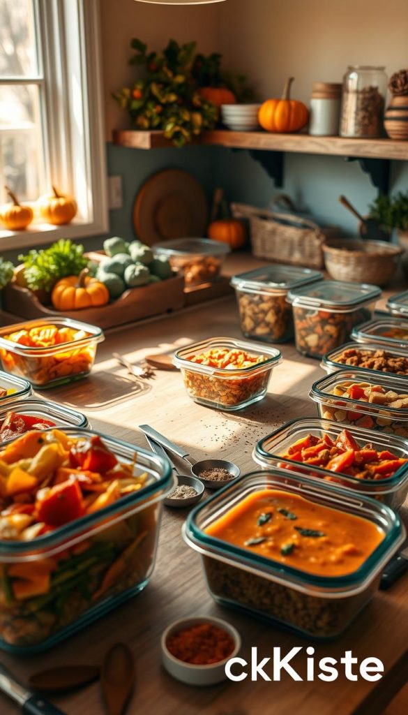 A cozy kitchen scene featuring an organized meal prep station, filled with colorful, fresh ingredients for autumn dishes. In the foreground, neatly arranged glass containers hold vibrant roasted vegetables, hearty soups, and grains, all ready for the week. The middle features a rustic wooden table strewn with spices and herbs, with warm natural light spilling in through a window, creating a soft glow. A few simple kitchen tools and utensils sit ready for use. The background consists of soothing pumpkin and earthy tones, with a hint of seasonal decor. The overall mood is inviting and inspirational, reflecting the ease of healthy meal prep on chilly days. Please include the brand name "KlickKiste" in a subtle way that blends well with the image's aesthetic. A cozy kitchen scene featuring an organized meal prep station, filled with colorful, fresh ingredients for autumn dishes. In the foreground, neatly arranged glass containers hold vibrant roasted vegetables, hearty soups, and grains, all ready for the week. The middle features a rustic wooden table strewn with spices and herbs, with warm natural light spilling in through a window, creating a soft glow. A few simple kitchen tools and utensils sit ready for use. The background consists of soothing pumpkin and earthy tones, with a hint of seasonal decor. The overall mood is inviting and inspirational, reflecting the ease of healthy meal prep on chilly days. Please include the brand name "KlickKiste" in a subtle way that blends well with the image's aesthetic.