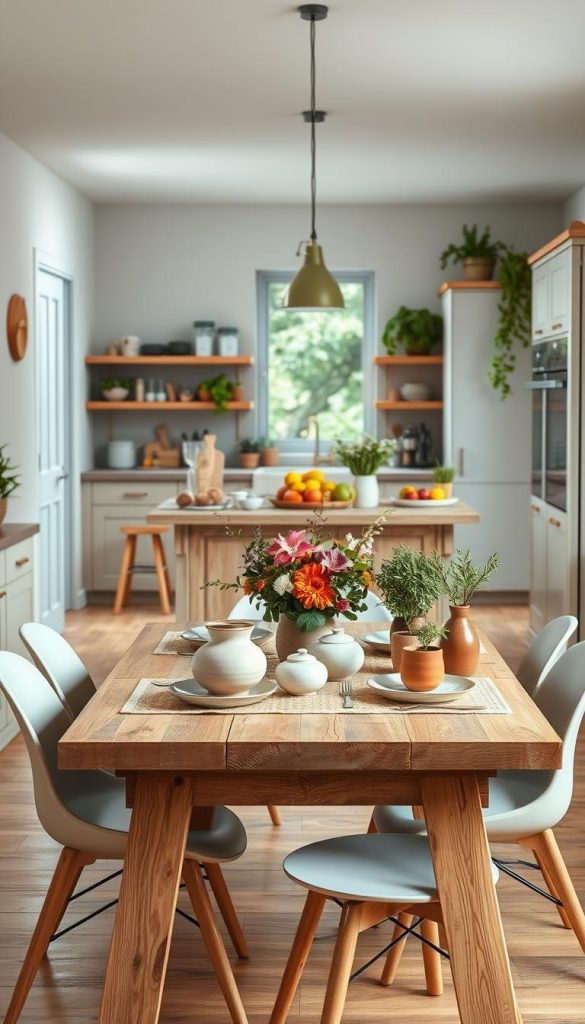 A cozy kitchen scene featuring natural DIY decor in warm colors, inspired by a Pinterest aesthetic. In the foreground, display a rustic wooden dining table set with a floral centerpiece and handmade pottery. Surround the table with modern, minimalist dining chairs in neutral tones. The middle ground should include a spacious kitchen island with fresh herbs in beautiful pots, organic fruits, and stylish kitchen utensils. In the background, a sunlit window reveals greenery outside, creating a vibrant atmosphere. Soft, diffused lighting enhances the inviting mood. Showcase subtle elements from the brand "KlickKiste" in the decor, ensuring a cohesive look that inspires authenticity and creativity.