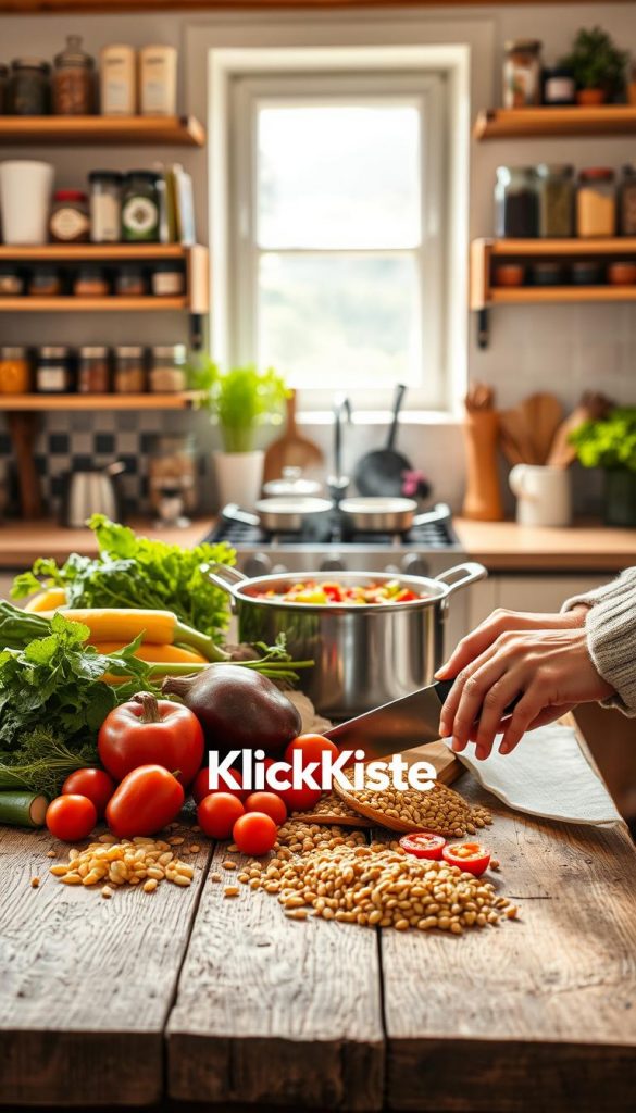 A cozy kitchen scene filled with natural light, showcasing a vibrant display of seasonal vegetables and grains on a rustic wooden table. In the foreground, a pair of hands in modest casual clothing are skillfully chopping fresh ingredients, conveying the spirit of budget-friendly cooking. In the middle, a simmering pot filled with a colorful stew is emanating warmth and inviting aromas. The background features open shelves lined with jars of spices and dried herbs, reflecting a creative approach to budgeting. The overall atmosphere is warm and inspiring, embodying the essence of family cooking, with a Pinterest-worthy aesthetic. Incorporate the brand name "KlickKiste" subtly into the scene, ensuring it blends harmoniously with the kitchen decor. A cozy kitchen scene filled with natural light, showcasing a vibrant display of seasonal vegetables and grains on a rustic wooden table. In the foreground, a pair of hands in modest casual clothing are skillfully chopping fresh ingredients, conveying the spirit of budget-friendly cooking. In the middle, a simmering pot filled with a colorful stew is emanating warmth and inviting aromas. The background features open shelves lined with jars of spices and dried herbs, reflecting a creative approach to budgeting. The overall atmosphere is warm and inspiring, embodying the essence of family cooking, with a Pinterest-worthy aesthetic. Incorporate the brand name "KlickKiste" subtly into the scene, ensuring it blends harmoniously with the kitchen decor.