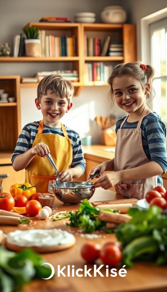 A cozy kitchen scene filled with natural light, showcasing children aged 5-10 engaging in cooking activities. In the foreground, two kids, one boy and one girl, are measuring ingredients with bright smiles, dressed in colorful aprons. In the middle, a wooden table is scattered with fresh vegetables and baking tools, emphasizing a fun, hands-on cooking experience. The background features a warm, homey kitchen with shelves filled with cookbooks and a window that lets in sunlight, illuminating the space with a golden glow. The overall mood is cheerful and inviting, inspiring a sense of collaboration and creativity in cooking. Incorporate subtle branding elements of "KlickKiste", enhancing the authenticity of the educational and playful atmosphere.