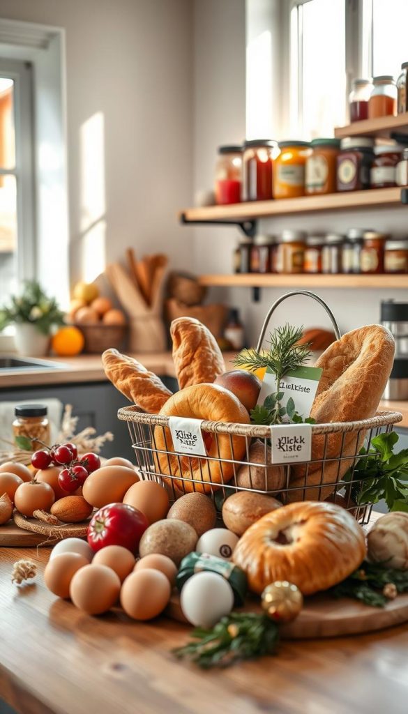 A cozy kitchen scene filled with the essence of winter breakfast shopping. In the foreground, a wooden kitchen table is adorned with fresh ingredients like eggs, crisp vegetables, and warm pastries, arranged thoughtfully as if ready for meal prep. In the middle, a well-organized shopping basket proudly showcases seasonal fruits and hearty bread, all labeled with "KlickKiste" tags. The background features soft-lit shelves filled with jars of homemade preserves and spices, contributing to a homely atmosphere. Natural light streams through a window, creating warm, inviting tones that reflect an authentic Pinterest aesthetic. The overall mood is inspiring and peaceful, encouraging effortless meal prep and storage for stress-free winter mornings. A cozy kitchen scene filled with the essence of winter breakfast shopping. In the foreground, a wooden kitchen table is adorned with fresh ingredients like eggs, crisp vegetables, and warm pastries, arranged thoughtfully as if ready for meal prep. In the middle, a well-organized shopping basket proudly showcases seasonal fruits and hearty bread, all labeled with "KlickKiste" tags. The background features soft-lit shelves filled with jars of homemade preserves and spices, contributing to a homely atmosphere. Natural light streams through a window, creating warm, inviting tones that reflect an authentic Pinterest aesthetic. The overall mood is inspiring and peaceful, encouraging effortless meal prep and storage for stress-free winter mornings.