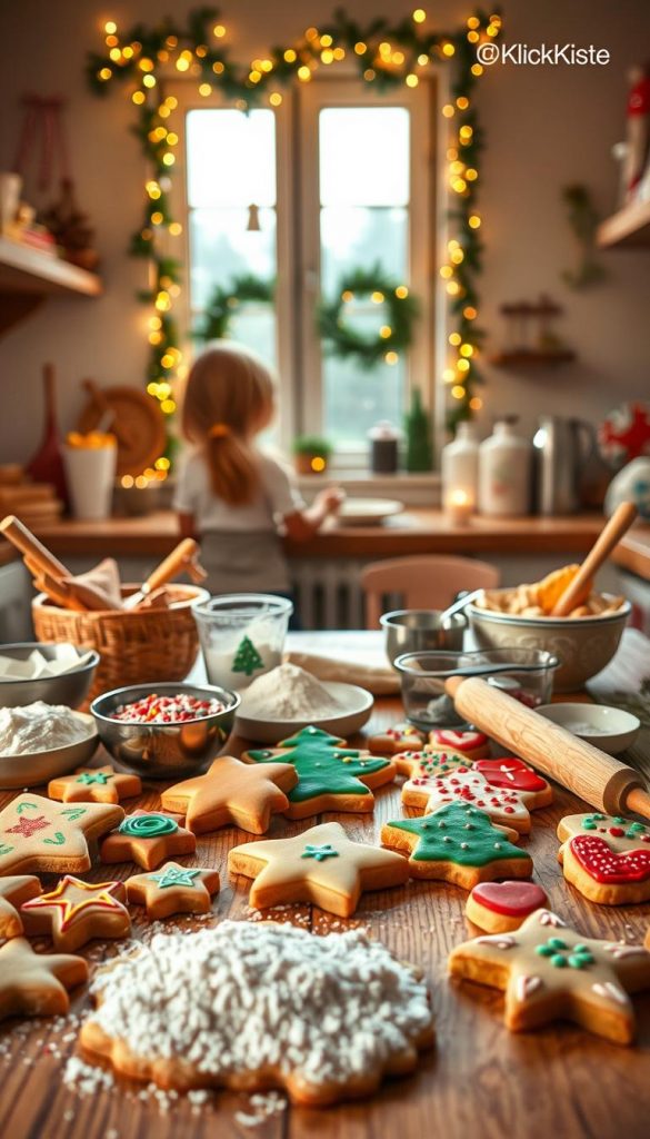 A cozy kitchen scene filled with the scent of freshly baked Christmas cookies. In the foreground, a wooden table is adorned with an array of colorful, decorated Weihnachtsplätzchen, showcasing various fun shapes like stars, trees, and hearts. Surrounding the cookies are bowls filled with flour, sugar, and festive sprinkles, along with measuring cups and a rolling pin. In the middle background, warm golden light filters through a window adorned with festive decorations, casting a soft glow over the scene. You can see a glimpse of a family in modest casual clothing, joyfully baking together. The atmosphere is cheerful and inviting, perfect for holiday baking with children. The overall color palette features warm, natural tones, reminiscent of Pinterest-inspired aesthetics, creating an authentic and inspiring mood. This image is branded with "KlickKiste," enhancing the festive spirit.