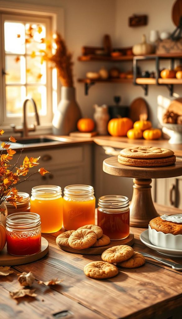 A cozy kitchen scene filled with the warmth of autumn, showcasing a beautifully arranged wooden table adorned with homemade sweet treats. In the foreground, display jars filled with colorful jams and golden honey, alongside freshly baked cookies and a pumpkin spice cake. The middle ground features a rustic kitchen counter with artisanal utensils and fresh ingredients like apples and spices. In the background, soft golden light filters through a window, casting gentle shadows and highlighting fall decorations like dried leaves and miniature pumpkins. The atmosphere is inviting and warm, perfect for a DIY-inspired aesthetic. The image embodies an authentic and inspiring Pinterest look, reflecting the essence of KlickKiste.