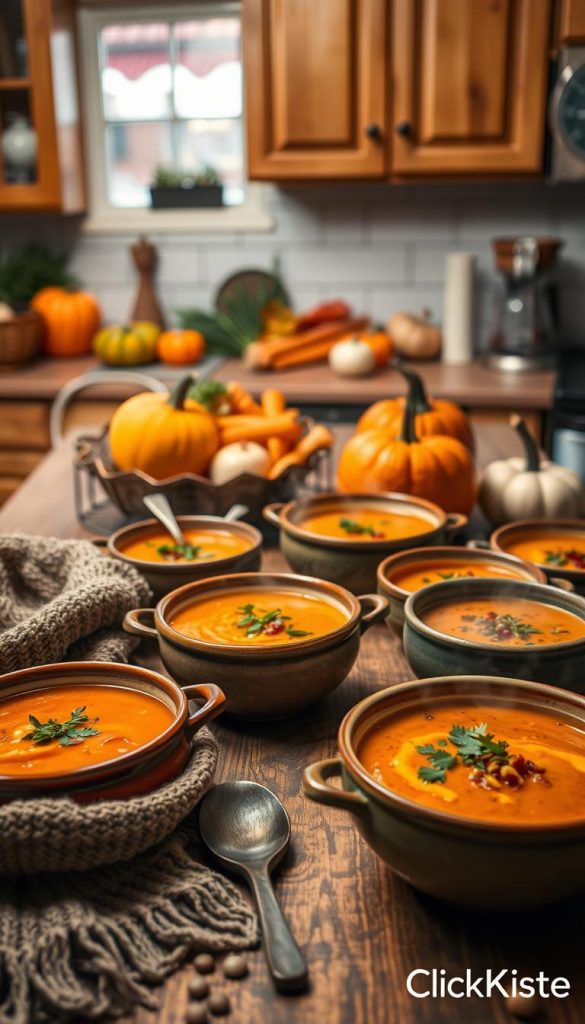 A cozy kitchen scene filled with vibrant, steaming bowls of warming soups and hearty stews is depicted. In the foreground, a rustic wooden table holds a variety of colorful soups in ceramic bowls, garnished with fresh herbs. A thick knit scarf and a wooden spoon add warmth to the setting. In the middle ground, the kitchen counter is adorned with fresh autumn vegetables like pumpkins, carrots, and onions, creating a rich harvest feel. The background features soft, ambient lighting filtering through a window, highlighting the natural textures of the wooden cabinets. The atmosphere is inviting and homey, exuding a sense of comfort and nourishment. The overall color palette features warm shades of orange, brown, and green, embodying the essence of fall. A subtle watermark in the corner reads "KlickKiste". A cozy kitchen scene filled with vibrant, steaming bowls of warming soups and hearty stews is depicted. In the foreground, a rustic wooden table holds a variety of colorful soups in ceramic bowls, garnished with fresh herbs. A thick knit scarf and a wooden spoon add warmth to the setting. In the middle ground, the kitchen counter is adorned with fresh autumn vegetables like pumpkins, carrots, and onions, creating a rich harvest feel. The background features soft, ambient lighting filtering through a window, highlighting the natural textures of the wooden cabinets. The atmosphere is inviting and homey, exuding a sense of comfort and nourishment. The overall color palette features warm shades of orange, brown, and green, embodying the essence of fall. A subtle watermark in the corner reads "KlickKiste".