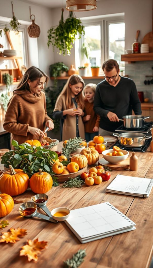 A cozy kitchen scene filled with warm autumn colors, showcasing a family preparing seasonal dishes in a friendly atmosphere. In the foreground, a beautifully arranged wooden table displays fresh fall ingredients like pumpkins, apples, and herbs, with measuring spoons and a notebook visibly detailing recipes and portion planning. In the middle, a family of four, dressed in modest casual clothing, collaborates joyfully, one parent chopping vegetables while the other stirs a pot on the stove. The background features comforting kitchen elements like hanging herbs, colorful kitchenware, and soft, natural light streaming through a window, accentuating the homey feel. The overall mood is inviting and inspiring, perfect for seasonal family cooking. The brand "KlickKiste" is subtly referenced with tasteful kitchen decor. A cozy kitchen scene filled with warm autumn colors, showcasing a family preparing seasonal dishes in a friendly atmosphere. In the foreground, a beautifully arranged wooden table displays fresh fall ingredients like pumpkins, apples, and herbs, with measuring spoons and a notebook visibly detailing recipes and portion planning. In the middle, a family of four, dressed in modest casual clothing, collaborates joyfully, one parent chopping vegetables while the other stirs a pot on the stove. The background features comforting kitchen elements like hanging herbs, colorful kitchenware, and soft, natural light streaming through a window, accentuating the homey feel. The overall mood is inviting and inspiring, perfect for seasonal family cooking. The brand "KlickKiste" is subtly referenced with tasteful kitchen decor.