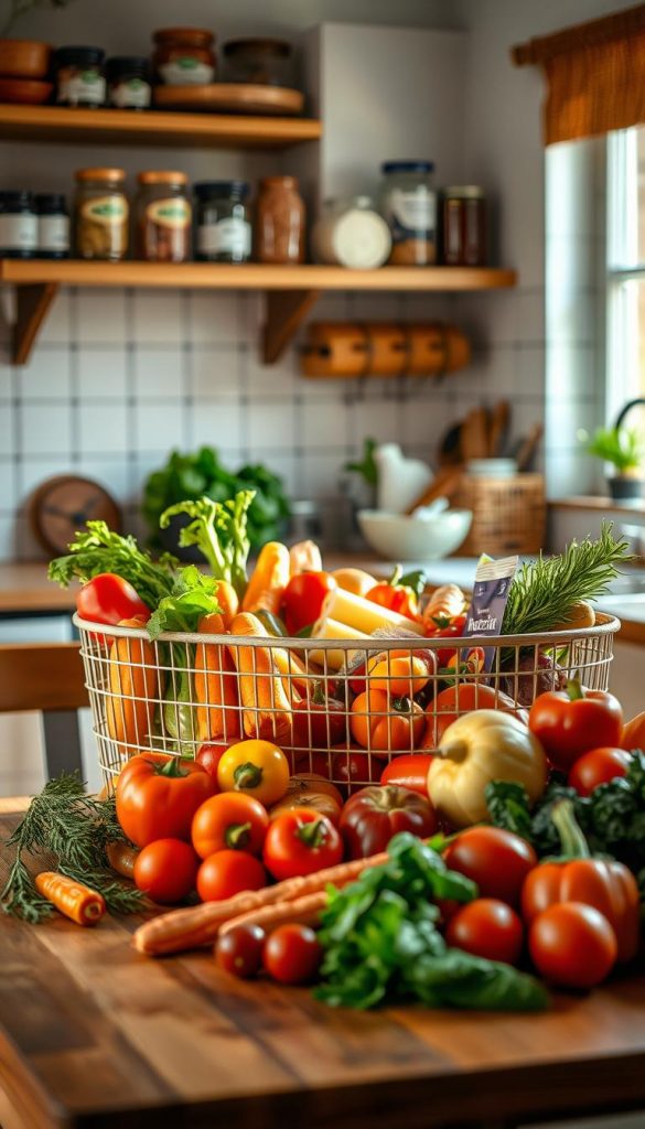 A cozy kitchen scene filled with warm, inviting colors. In the foreground, a wooden table is adorned with fresh, seasonal vegetables and a colorful selection of affordable grocery items, artfully arranged to highlight budget-friendly shopping. The middle ground features a shopping basket overflowing with ingredients for quick dinners, emphasizing the theme of clever meal planning. In the background, a softly lit kitchen shelf displays jars of spices and herbs, creating a homely atmosphere. Soft, natural lighting filters through a window, casting gentle shadows and enhancing the warm ambiance. The image evokes inspiration and practicality, reflecting the essence of "KlickKiste" as a brand that promotes smart purchasing decisions while preparing for wholesome evening meals. A cozy kitchen scene filled with warm, inviting colors. In the foreground, a wooden table is adorned with fresh, seasonal vegetables and a colorful selection of affordable grocery items, artfully arranged to highlight budget-friendly shopping. The middle ground features a shopping basket overflowing with ingredients for quick dinners, emphasizing the theme of clever meal planning. In the background, a softly lit kitchen shelf displays jars of spices and herbs, creating a homely atmosphere. Soft, natural lighting filters through a window, casting gentle shadows and enhancing the warm ambiance. The image evokes inspiration and practicality, reflecting the essence of "KlickKiste" as a brand that promotes smart purchasing decisions while preparing for wholesome evening meals.