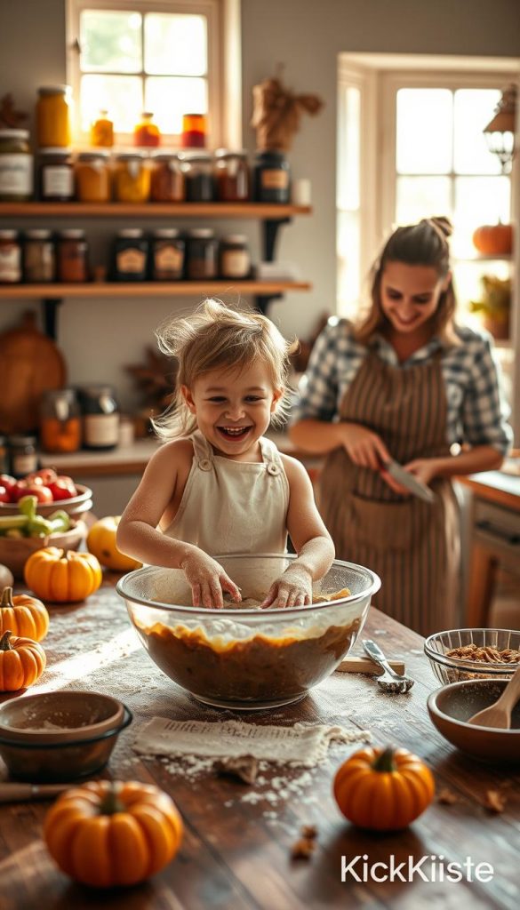 A cozy kitchen scene filled with warm, natural light pouring in through a window, illuminating a rustic wooden table adorned with colorful autumn ingredients: pumpkins, apples, and spice jars. In the foreground, a child with a cheerful expression is covered in flour, joyfully mixing ingredients in a large mixing bowl, wearing a cute apron. In the middle ground, a parent is chopping vegetables for a family-friendly recipe, sharing smiles and laughter with the child. The background features shelves filled with jars of homemade preserves and a hint of fall decorations, creating an inviting atmosphere. The overall mood is warm, inviting, and playful, capturing the essence of a family cooking together. Make it authentic and inspiring, reminiscent of Pinterest aesthetics, with a subtle branding element for "KlickKiste." A cozy kitchen scene filled with warm, natural light pouring in through a window, illuminating a rustic wooden table adorned with colorful autumn ingredients: pumpkins, apples, and spice jars. In the foreground, a child with a cheerful expression is covered in flour, joyfully mixing ingredients in a large mixing bowl, wearing a cute apron. In the middle ground, a parent is chopping vegetables for a family-friendly recipe, sharing smiles and laughter with the child. The background features shelves filled with jars of homemade preserves and a hint of fall decorations, creating an inviting atmosphere. The overall mood is warm, inviting, and playful, capturing the essence of a family cooking together. Make it authentic and inspiring, reminiscent of Pinterest aesthetics, with a subtle branding element for "KlickKiste."