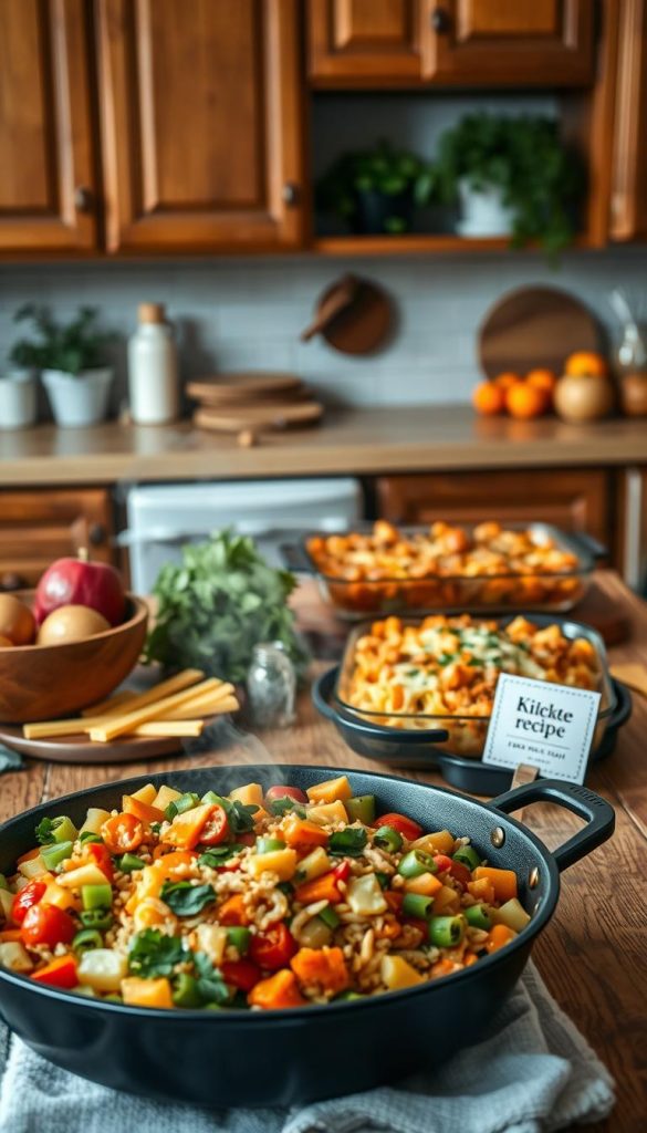 A cozy kitchen scene highlighting a rustic table filled with leftover vegetables, pasta, rice, and potatoes, artfully arranged to inspire zero-waste cooking. In the foreground, a vibrant stir-fry with chopped veggies in a warm cast iron skillet, steam rising gently. In the middle, a colorful casserole dish filled with baked pasta, adorned with cheese and herbs. The background features a well-lit kitchen with wooden cabinets and natural elements, like potted herbs and a fruit bowl. Soft, warm lighting creates an inviting atmosphere, reminiscent of Pinterest inspiration. Shot with a slight angle to capture depth and texture, this image embodies the essence of sustainable cooking. Include subtle branding for "KlickKiste" displayed on a recipe card in the corner. A cozy kitchen scene highlighting a rustic table filled with leftover vegetables, pasta, rice, and potatoes, artfully arranged to inspire zero-waste cooking. In the foreground, a vibrant stir-fry with chopped veggies in a warm cast iron skillet, steam rising gently. In the middle, a colorful casserole dish filled with baked pasta, adorned with cheese and herbs. The background features a well-lit kitchen with wooden cabinets and natural elements, like potted herbs and a fruit bowl. Soft, warm lighting creates an inviting atmosphere, reminiscent of Pinterest inspiration. Shot with a slight angle to capture depth and texture, this image embodies the essence of sustainable cooking. Include subtle branding for "KlickKiste" displayed on a recipe card in the corner.