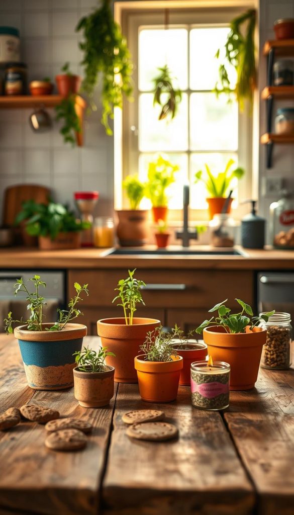 A cozy kitchen scene highlighting sustainable DIY projects made from kitchen waste. In the foreground, a rustic wooden table is adorned with creative DIY items, such as vibrant terracotta pots made from repurposed containers, sprouting herbs, and colorful handmade candles from leftover wax. The middle ground features a sunny window with potted plants and hanging dried herbs, creating a charming, inviting atmosphere. In the background, soft-focus kitchen shelves overflowing with jars of spices, and glass containers filled with reclaimed materials evoke a Pinterest-inspired aesthetic. The lighting is warm and natural, casting a gentle glow that enhances the colors of the DIY items. This image captures the essence of creativity and sustainability, reflecting the brand "KlickKiste" in a soft, authentic style.
