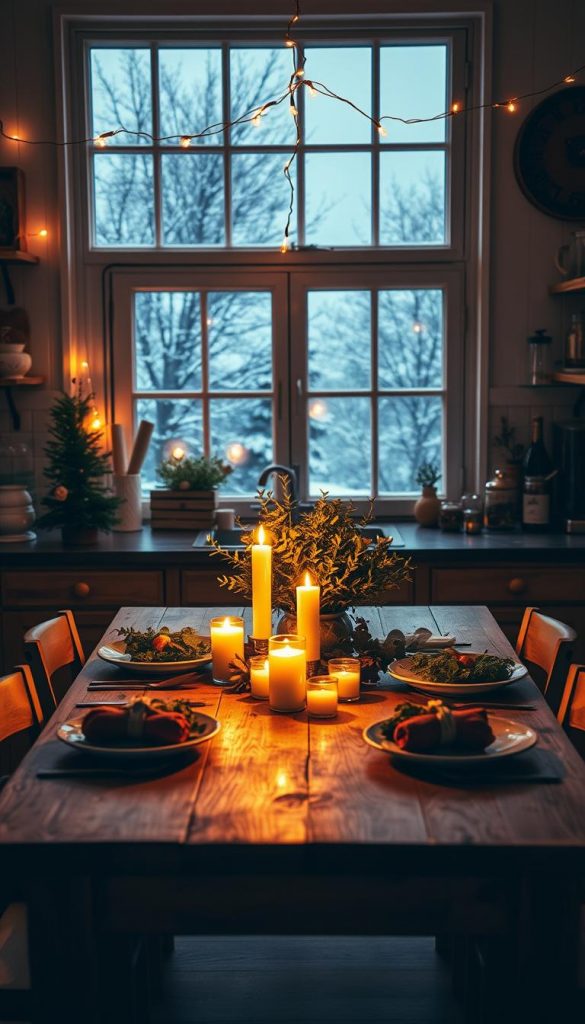 A cozy kitchen scene illuminated by a beautifully arranged string of fairy lights, delicately draped across a large window. The foreground features a rustic wooden dining table set for a warm winter meal, complete with glowing candles and seasonal decorations. In the middle, a vibrant array of plants adds a touch of nature, while the highlights of the kitchen are bathed in soft, warm light. The background showcases a charming winter landscape visible through the window, with soft snowfall enhancing the tranquil atmosphere. The entire scene exudes a sense of comfort and inspiration, with a Pinterest-worthy aesthetic. The brand name "KlickKiste" is subtly reflected in the kitchen decor, aligning seamlessly with the cozy ambiance. The image should capture a friendly, inviting atmosphere, perfect for winter.