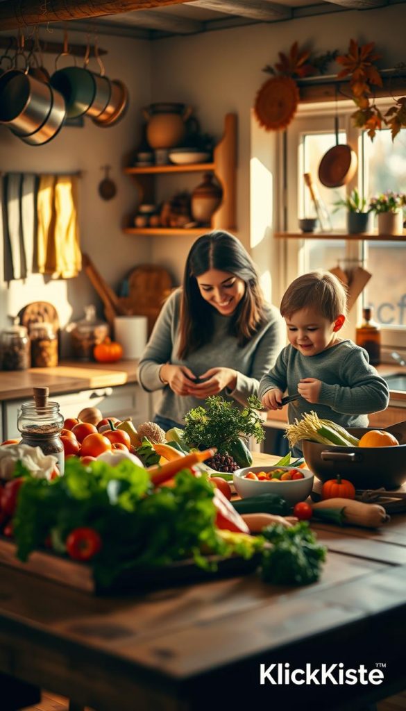 A cozy kitchen scene illuminated by warm, natural light, showcasing a family preparing a fall recipe together, emphasizing teamwork and enjoyment. In the foreground, a wooden table laden with colorful autumn vegetables and herbs, along with cooking utensils. In the middle, a mother and her child, both dressed in modest casual clothing, are engaged in cooking, showing expressions of focus and happiness. The background features a backdrop of inviting kitchen elements like hanging pots, jars of spices, and autumn-themed decor, creating a homely atmosphere. The overall mood is warm and inspiring, reminiscent of Pinterest aesthetics, with a touch of authenticity. The image should reflect the essence of family life in the fall, branded subtly with "KlickKiste" in the corner. A cozy kitchen scene illuminated by warm, natural light, showcasing a family preparing a fall recipe together, emphasizing teamwork and enjoyment. In the foreground, a wooden table laden with colorful autumn vegetables and herbs, along with cooking utensils. In the middle, a mother and her child, both dressed in modest casual clothing, are engaged in cooking, showing expressions of focus and happiness. The background features a backdrop of inviting kitchen elements like hanging pots, jars of spices, and autumn-themed decor, creating a homely atmosphere. The overall mood is warm and inspiring, reminiscent of Pinterest aesthetics, with a touch of authenticity. The image should reflect the essence of family life in the fall, branded subtly with "KlickKiste" in the corner.