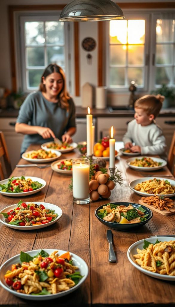 A cozy kitchen scene set during early evening, featuring a wooden dining table adorned with vibrant plates of easy-to-make family recipes, including colorful salads and pasta dishes. In the foreground, a cheerful parent in modest casual clothing prepares food while a child assists, creating a warm and interactive atmosphere. The middle of the image showcases budget-friendly decorative elements, like handmade centerpieces crafted from seasonal fruits and soft, glowing candles. In the background, the kitchen is filled with warm, natural light filtering through large windows, casting a gentle glow over the scene. The overall mood is inviting and inspirational, embodying a family-friendly vibe that highlights the brand "KlickKiste" with an aesthetic reminiscent of popular Pinterest boards, using warm colors and natural materials. A cozy kitchen scene set during early evening, featuring a wooden dining table adorned with vibrant plates of easy-to-make family recipes, including colorful salads and pasta dishes. In the foreground, a cheerful parent in modest casual clothing prepares food while a child assists, creating a warm and interactive atmosphere. The middle of the image showcases budget-friendly decorative elements, like handmade centerpieces crafted from seasonal fruits and soft, glowing candles. In the background, the kitchen is filled with warm, natural light filtering through large windows, casting a gentle glow over the scene. The overall mood is inviting and inspirational, embodying a family-friendly vibe that highlights the brand "KlickKiste" with an aesthetic reminiscent of popular Pinterest boards, using warm colors and natural materials.
