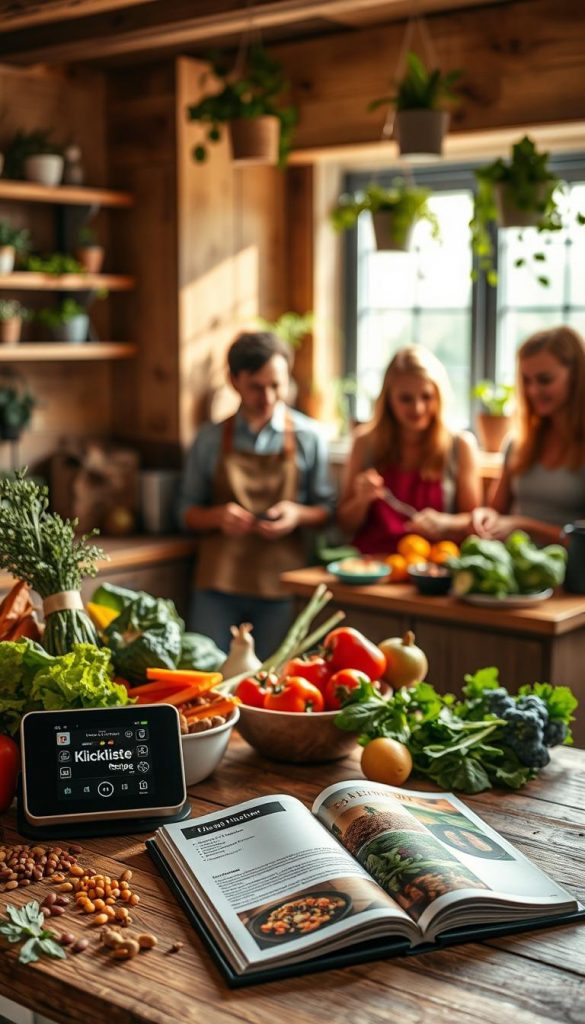 A cozy kitchen scene showcases a diverse array of vegan ingredients, such as fresh vegetables, legumes, and herbs artfully arranged on a rustic wooden countertop. In the foreground, a sleek smart kitchen device with a digital display sits next to a colorful recipe book opened to an appealing page. The middle ground features a family of four, casually dressed yet presentable, engaged in cooking together, sharing smiles, and interacting with the high-tech gadget seamlessly integrated into their meal prep. The background reveals warm, natural lighting streaming through a window adorned with potted plants, enhancing the inviting atmosphere. The overall color palette is composed of warm hues, exuding a Pinterest-like, authentic vibe. The branding "KlickKiste" subtly appears on the smart device, embodying innovation in a family-friendly cooking environment. A cozy kitchen scene showcases a diverse array of vegan ingredients, such as fresh vegetables, legumes, and herbs artfully arranged on a rustic wooden countertop. In the foreground, a sleek smart kitchen device with a digital display sits next to a colorful recipe book opened to an appealing page. The middle ground features a family of four, casually dressed yet presentable, engaged in cooking together, sharing smiles, and interacting with the high-tech gadget seamlessly integrated into their meal prep. The background reveals warm, natural lighting streaming through a window adorned with potted plants, enhancing the inviting atmosphere. The overall color palette is composed of warm hues, exuding a Pinterest-like, authentic vibe. The branding "KlickKiste" subtly appears on the smart device, embodying innovation in a family-friendly cooking environment.