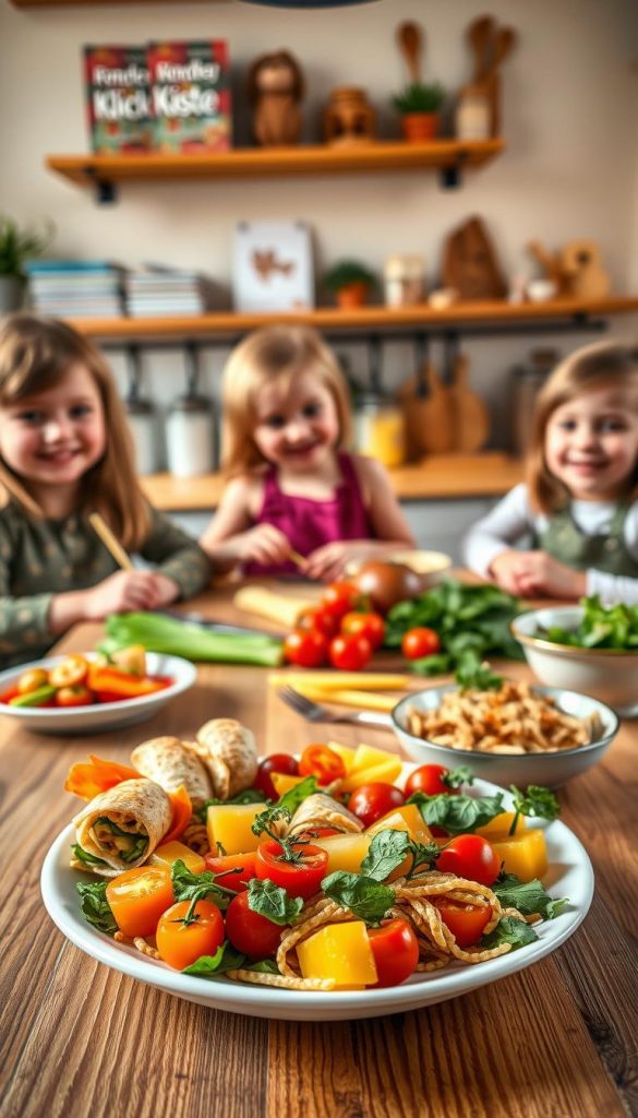 A cozy kitchen scene showcasing a vibrant and balanced meal inspired by "kinderlieblinge rezept." In the foreground, a colorful plate filled with child-friendly, healthy dishes like mini vegetable wraps, fruit skewers, and whole grain pasta, all artfully arranged. In the middle, a wooden table adorned with fresh ingredients like bell peppers, cherry tomatoes, and leafy greens, emphasizing the quick and engaging cooking aspect. The background features warm, soft lighting illuminating the kitchen, with rustic shelves displaying cookbooks labeled "KlickKiste" and playful utensils. The atmosphere is inviting and cheerful, capturing a familial cooking experience, with young children in modest clothing, smiling and eagerly participating in the preparation. The overall imagery radiates warmth, inspiration, and a Pinterest-worthy aesthetic. A cozy kitchen scene showcasing a vibrant and balanced meal inspired by "kinderlieblinge rezept." In the foreground, a colorful plate filled with child-friendly, healthy dishes like mini vegetable wraps, fruit skewers, and whole grain pasta, all artfully arranged. In the middle, a wooden table adorned with fresh ingredients like bell peppers, cherry tomatoes, and leafy greens, emphasizing the quick and engaging cooking aspect. The background features warm, soft lighting illuminating the kitchen, with rustic shelves displaying cookbooks labeled "KlickKiste" and playful utensils. The atmosphere is inviting and cheerful, capturing a familial cooking experience, with young children in modest clothing, smiling and eagerly participating in the preparation. The overall imagery radiates warmth, inspiration, and a Pinterest-worthy aesthetic.