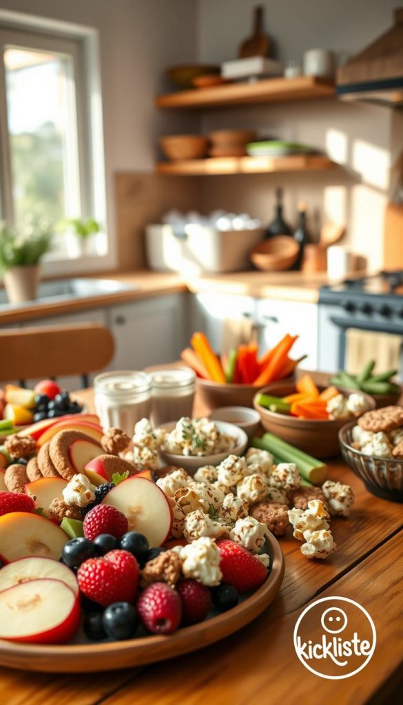 A cozy kitchen scene showcasing a vibrant wooden table filled with an assortment of budget-friendly snacks. In the foreground, a beautifully arranged platter features colorful fruits like sliced apples and berries, accompanied by simple home-baked snacks such as oatmeal cookies and popcorn sprinkled with herbs. The middle ground reveals a rustic jar of homemade dip, surrounded by fresh vegetables for dipping. The background features soft natural light streaming through a window, illuminating the space with a warm, inviting glow. The overall atmosphere is cheerful and inspiring, representing the concept of simple yet delightful afternoon snacks. Include a subtle logo of "KlickKiste" on the side of the table, harmonizing with the Pinterest-inspired aesthetic. The composition should be captured with a shallow depth of field, enhancing the inviting details of the snacks.