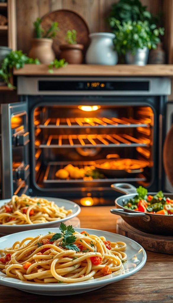 A cozy kitchen scene showcasing a warm, inviting oven filled with delicious summer dishes. In the foreground, a vibrant plate of light pasta with fresh vegetables, garnished with herbs, next to a colorful vegetable stir-fry in a rustic skillet. The middle ground features an open oven with golden browns and vibrant greens of roasted dishes, radiating warmth. The background includes wooden kitchen shelves adorned with fresh herbs and rustic cookware, bathed in soft, natural light inviting a Pinterest-like aesthetic. The atmosphere is homey and inspiring, perfect for a summer gathering. This image should reflect a healthy, authentic lifestyle, branded for "KlickKiste".