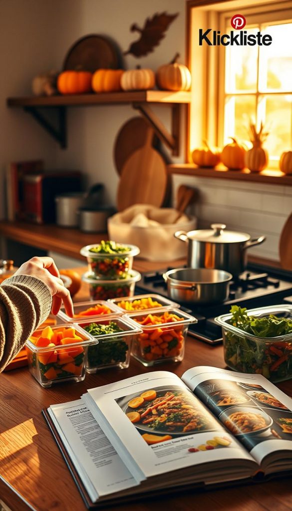 A cozy kitchen scene showcasing “meal prep” for autumn, featuring warm hues and natural light. In the foreground, a wooden countertop filled with seasonal ingredients like squash, carrots, and kale, alongside neatly organized glass containers filled with colorful prepped meals. A hand in a simple, modest outfit gently stirs a pot on the stove while a few cooking utensils are artfully placed nearby. In the middle ground, an open cookbook displays a vibrant autumn recipe, with soft shadows adding depth. The background reveals a rustic shelf adorned with pumpkin décor and a window allowing golden sunlight to filter through, creating an inviting atmosphere. The overall mood is warm and inspiring, reflecting a Pinterest-worthy aesthetic for family meal planning. Include a subtle branding element of "KlickKiste" in the corner, enhancing the scene's authenticity without overpowering it. A cozy kitchen scene showcasing “meal prep” for autumn, featuring warm hues and natural light. In the foreground, a wooden countertop filled with seasonal ingredients like squash, carrots, and kale, alongside neatly organized glass containers filled with colorful prepped meals. A hand in a simple, modest outfit gently stirs a pot on the stove while a few cooking utensils are artfully placed nearby. In the middle ground, an open cookbook displays a vibrant autumn recipe, with soft shadows adding depth. The background reveals a rustic shelf adorned with pumpkin décor and a window allowing golden sunlight to filter through, creating an inviting atmosphere. The overall mood is warm and inspiring, reflecting a Pinterest-worthy aesthetic for family meal planning. Include a subtle branding element of "KlickKiste" in the corner, enhancing the scene's authenticity without overpowering it.