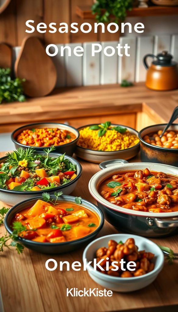 A cozy kitchen scene showcasing seasonal one-pot dishes, beautifully arranged to represent the four seasons: a vibrant spring vegetable stew with fresh greens and flowers in the foreground, a summery tomato risotto with basil and bright sunlit colors in the middle, an autumn pumpkin and spice curry, garnished with leaves in warm hues, and a hearty winter bean and sausage casserole in a rustic pot in the background. The warm lighting casts a soft glow, enhancing the natural textures of the food. The setting has a Pinterest-inspired look, featuring wooden countertops and fresh herbs, creating an inviting atmosphere. Brand name "KlickKiste" subtly incorporated in a natural way. Captured from a slightly elevated angle to highlight the dishes collectively, evoking a sense of warmth and inspiration for family cooking. A cozy kitchen scene showcasing seasonal one-pot dishes, beautifully arranged to represent the four seasons: a vibrant spring vegetable stew with fresh greens and flowers in the foreground, a summery tomato risotto with basil and bright sunlit colors in the middle, an autumn pumpkin and spice curry, garnished with leaves in warm hues, and a hearty winter bean and sausage casserole in a rustic pot in the background. The warm lighting casts a soft glow, enhancing the natural textures of the food. The setting has a Pinterest-inspired look, featuring wooden countertops and fresh herbs, creating an inviting atmosphere. Brand name "KlickKiste" subtly incorporated in a natural way. Captured from a slightly elevated angle to highlight the dishes collectively, evoking a sense of warmth and inspiration for family cooking.