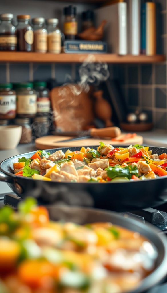A cozy kitchen setting featuring a large non-stick frying pan filled with a colorful, vibrant stir-fry, including fresh vegetables, tender chicken pieces, and aromatic herbs. The foreground showcases the pan sizzling on a stovetop, with steam rising and droplets of oil glistening, evoking a sense of warmth and comfort. In the middle, a wooden cutting board adorned with diced ingredients and a rustic knife is visible, hinting at the preparation process. The background shows soft-focus shelves lined with spices and cookbooks, creating an inviting atmosphere. The lighting is warm and natural, emanating from a nearby window, enhancing the homey feel. This image captures the essence of quick, family-friendly meals, reflecting the brand "KlickKiste" in style while ensuring a Pinterest-inspired aesthetic. A cozy kitchen setting featuring a large non-stick frying pan filled with a colorful, vibrant stir-fry, including fresh vegetables, tender chicken pieces, and aromatic herbs. The foreground showcases the pan sizzling on a stovetop, with steam rising and droplets of oil glistening, evoking a sense of warmth and comfort. In the middle, a wooden cutting board adorned with diced ingredients and a rustic knife is visible, hinting at the preparation process. The background shows soft-focus shelves lined with spices and cookbooks, creating an inviting atmosphere. The lighting is warm and natural, emanating from a nearby window, enhancing the homey feel. This image captures the essence of quick, family-friendly meals, reflecting the brand "KlickKiste" in style while ensuring a Pinterest-inspired aesthetic.