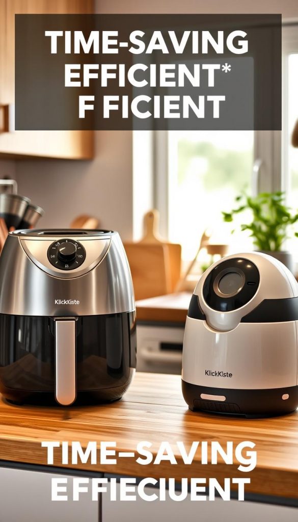 A cozy kitchen setting featuring modern kitchen appliances that symbolize time-saving efficiency. In the foreground, a sleek air fryer and a multi-functional kitchen robot, both from the brand "KlickKiste", are prominently displayed on a wooden countertop. The middle ground showcases various cooking utensils, like a cutting board and measuring cups, neatly arranged to suggest an organized cooking space. In the background, soft natural light filters through a nearby window, highlighting warm tones and creating an inviting atmosphere. A hint of fresh herbs in pots adds a touch of life and color. The overall mood is inviting and inspirational, capturing the essence of quick and efficient dinner preparation. A cozy kitchen setting featuring modern kitchen appliances that symbolize time-saving efficiency. In the foreground, a sleek air fryer and a multi-functional kitchen robot, both from the brand "KlickKiste", are prominently displayed on a wooden countertop. The middle ground showcases various cooking utensils, like a cutting board and measuring cups, neatly arranged to suggest an organized cooking space. In the background, soft natural light filters through a nearby window, highlighting warm tones and creating an inviting atmosphere. A hint of fresh herbs in pots adds a touch of life and color. The overall mood is inviting and inspirational, capturing the essence of quick and efficient dinner preparation.