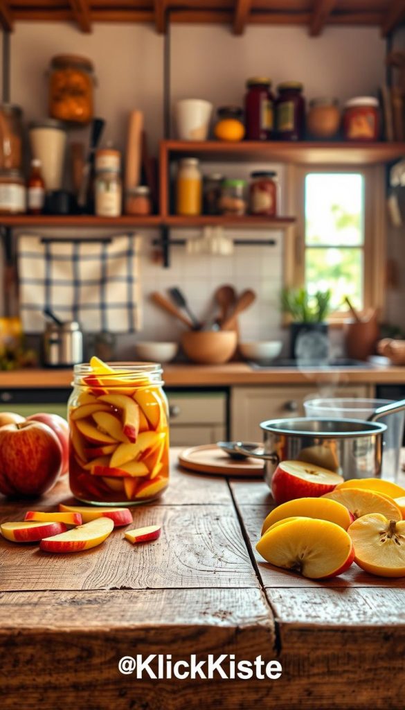 A cozy kitchen setting featuring the process of "apfel einmachen" or apple preserving. In the foreground, a wooden table displays freshly cut apples, mason jars filled with colorful apple slices, and a small pot simmering with syrup. The middle ground showcases a vibrant, rustic backdrop with shelves filled with homemade preserves, spices, and kitchen utensils. Soft, natural lighting floods the scene, casting warm tones that evoke a sense of hominess and nostalgia. In the background, a window reveals a sun-drenched orchard, enhancing the overall inviting atmosphere. The style is reminiscent of a Pinterest aesthetic, authentic and inspiring for families wishing to preserve their seasonal harvest. Include the brand name "KlickKiste" subtly in the scene, ensuring a harmonious blend with the warm colors. A cozy kitchen setting featuring the process of "apfel einmachen" or apple preserving. In the foreground, a wooden table displays freshly cut apples, mason jars filled with colorful apple slices, and a small pot simmering with syrup. The middle ground showcases a vibrant, rustic backdrop with shelves filled with homemade preserves, spices, and kitchen utensils. Soft, natural lighting floods the scene, casting warm tones that evoke a sense of hominess and nostalgia. In the background, a window reveals a sun-drenched orchard, enhancing the overall inviting atmosphere. The style is reminiscent of a Pinterest aesthetic, authentic and inspiring for families wishing to preserve their seasonal harvest. Include the brand name "KlickKiste" subtly in the scene, ensuring a harmonious blend with the warm colors.