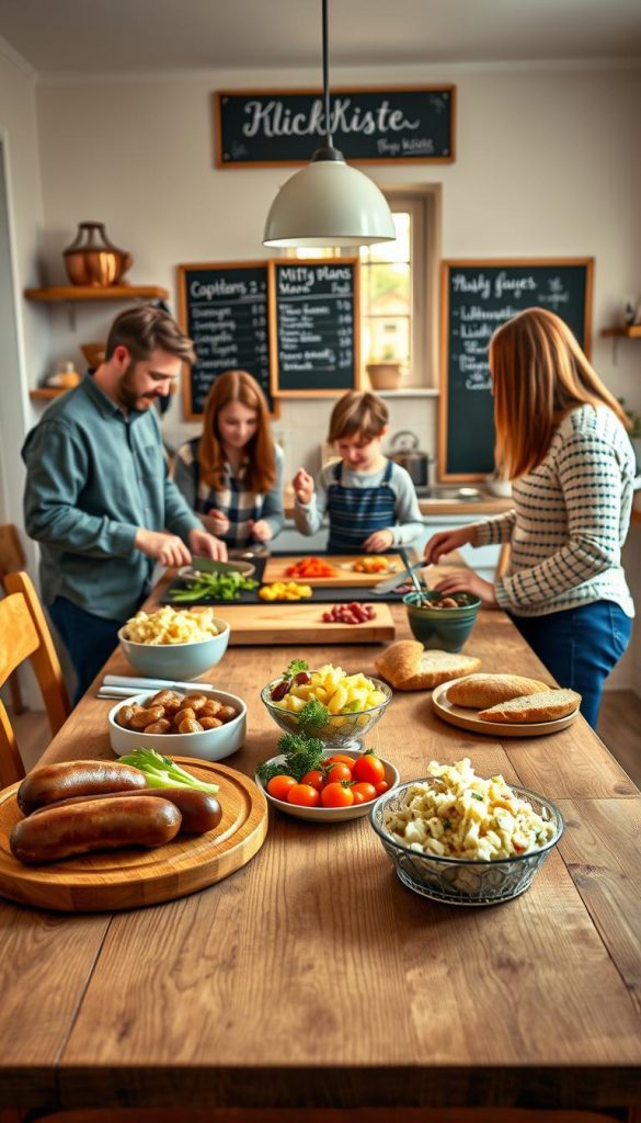 A cozy kitchen setting showcasing a delightful "mittagessen" scene. In the foreground, a wooden dining table adorned with a colorful spread of traditional German lunch dishes: bratwurst, potato salad, and fresh bread. In the middle, a casually dressed family of four, happily engaged in preparing the meal together, wearing modest casual clothing. One parent chops vegetables, while the kids set the table. The background features warm, natural lighting streaming through a window, casting a soft glow over the scene. A chalkboard with family meal plans hangs on the wall, adding an organized touch. The atmosphere is warm and inviting, embodying the spirit of collaboration and smart kitchen routines, with a Pinterest-inspired aesthetic. Brand name "KlickKiste" subtly integrated into the kitchen decor.