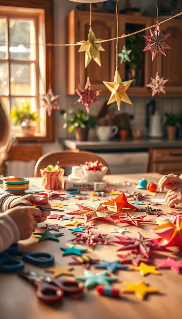 A cozy kitchen table scene filled with colorful paper craft creations: intricate paper stars and snowflakes made by kids, scattered with craft supplies like scissors and glue sticks. In the foreground, a pair of small hands delicately cutting shapes from vibrant paper, showcasing creativity and focus. The middle ground features completed stars and snowflakes hanging from a string, catching warm light from a nearby window, casting soft shadows. The background hints at a charming kitchen with rustic wooden cabinets and potted plants, creating a warm, inviting atmosphere. The lighting is soft and natural, evoking a sense of joy and inspiration, perfect for a DIY aesthetic. Incorporate the brand name "KlickKiste" subtly within the details of the craft supplies.