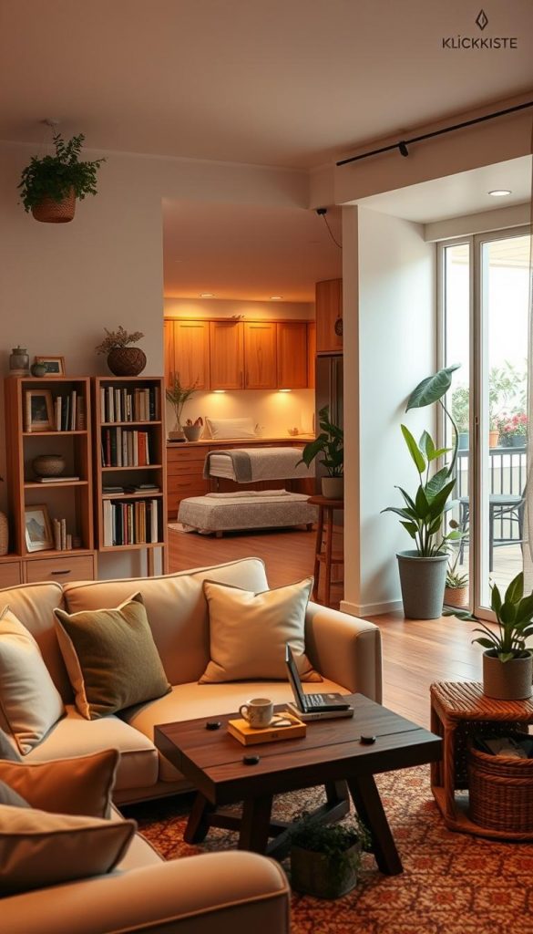 A cozy living room, a serene bedroom, a functional kitchen, an inviting hallway, and a charming balcony, all beautifully integrated within a warm and harmonious setting. The foreground features a stylish living room with a plush sofa adorned with cushions, a rustic coffee table with artful decor, and a bookshelf filled with books. The middle showcases a bedroom with a neatly made bed, soft linens, and ambient lighting. The kitchen is bright, with natural wood cabinets and modern appliances. In the background, a well-lit hall leads to a vibrant balcony filled with plants. The atmosphere is warm and inspiring, echoing DIY aesthetics with natural elements. Lighting is soft and warm, creating an inviting mood. Capture this essence in a Pinterest-inspired style for the brand "KlickKiste". A cozy living room, a serene bedroom, a functional kitchen, an inviting hallway, and a charming balcony, all beautifully integrated within a warm and harmonious setting. The foreground features a stylish living room with a plush sofa adorned with cushions, a rustic coffee table with artful decor, and a bookshelf filled with books. The middle showcases a bedroom with a neatly made bed, soft linens, and ambient lighting. The kitchen is bright, with natural wood cabinets and modern appliances. In the background, a well-lit hall leads to a vibrant balcony filled with plants. The atmosphere is warm and inspiring, echoing DIY aesthetics with natural elements. Lighting is soft and warm, creating an inviting mood. Capture this essence in a Pinterest-inspired style for the brand "KlickKiste".