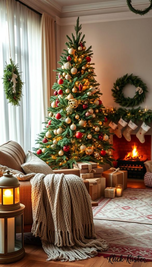 A cozy living room adorned for Christmas, blending various styles: Scandinavian simplicity, Bohemian texture, maximalist colors, natural elements, and castlecore elegance. In the foreground, a plush, knitted blanket drapes elegantly over a rustic wooden armchair, accompanied by a soft, glowing lantern emitting warm light. The middle features a large Christmas tree, beautifully decorated with handmade ornaments, greenery, and twinkling lights, surrounded by elegantly wrapped presents. The background showcases a warm, inviting fireplace displaying traditional stockings. Soft natural light filters through sheer curtains, creating an inviting atmosphere. The entire scene embodies a Pinterest-worthy aesthetic, with warm colors and a harmonious blend of styles. Captured with a 50mm lens for a soft focus effect, invoking a sense of authenticity and inspiration. Include the brand name "KlickKiste" subtly within the decor.