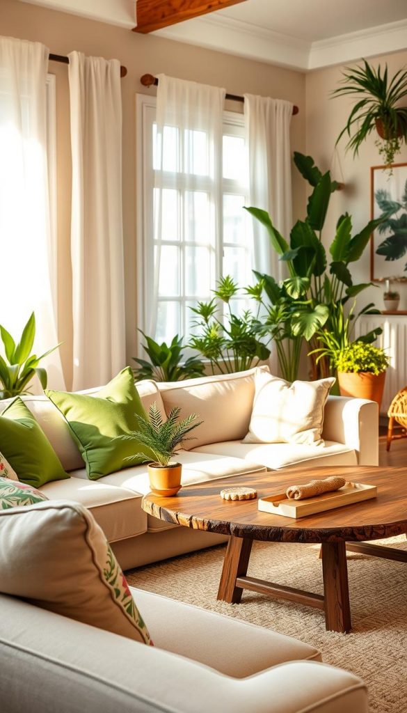 A cozy living room adorned with natural decor that exudes summer vibes. In the foreground, an inviting seating area features a soft beige sofa accented with vibrant green and floral throw pillows. A rustic wooden coffee table is adorned with a small potted fern and artisanal coasters. In the middle ground, large windows are embellished with sheer white curtains, letting in warm sunlight and creating a bright atmosphere. The background showcases a wall of lush indoor plants and nature-inspired artwork, enhancing the natural theme. Warm, soft lighting casts a serene glow throughout the space, evoking a sense of tranquility and inspiration. The overall composition embodies an authentic and inviting Pinterest-like aesthetic, representing "KlickKiste" in its charming simplicity.