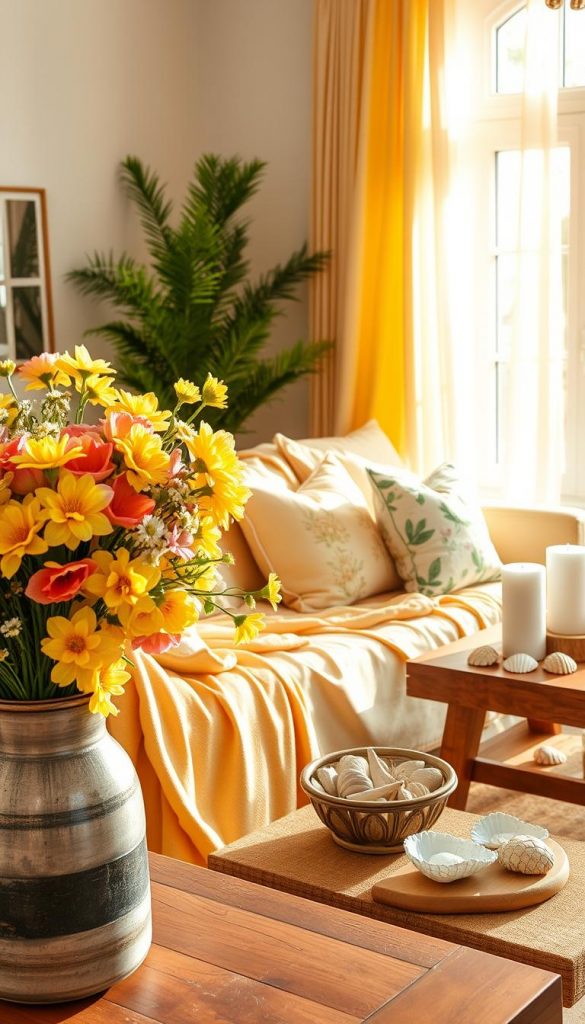 A cozy living room beautifully decorated for the transition from spring to summer, showcasing harmonious seasonal elements. In the foreground, a vibrant, handmade floral arrangement in a rustic vase spills with blossoms, reflecting the colors of spring. In the middle, a comfortable sofa draped with light, breathable fabrics in sunny shades of yellow and light green invites relaxation. Accent pillows with floral patterns add a touch of whimsy. To the side, a wooden coffee table adorned with DIY summer decor, like seashells and candles, reflects a warm, inviting atmosphere. The background features large windows framed with sheer curtains, allowing golden sunlight to flood the room, highlighting the inviting warmth. The overall mood is cheerful and inspiring, embodying the essence of seasonal change. Brand representation subtly integrated: elements branded with “KlickKiste” for authenticity.