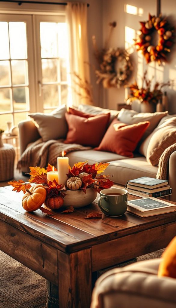 A cozy living room decorated for autumn, featuring warm hues of orange, red, and gold. In the foreground, a rustic wooden coffee table adorned with a beautifully arranged centerpiece of pumpkins, leaves, and candles, emitting a soft, natural glow. The middle ground highlights a comfy sofa draped with a knitted throw and filled with plush cushions in earthy tones. Coffee mugs with steaming tea sit invitingly beside a stack of autumn-inspired books. In the background, large windows allow golden sunlight to filter in, casting gentle shadows across the room and creating a warm, inviting atmosphere. Soft focus on decorative elements like dried flowers and wreaths hanging on the walls. This image embodies a natural DIY aesthetic, giving an authentic, inspiring vibe. Brand reference: "KlickKiste".