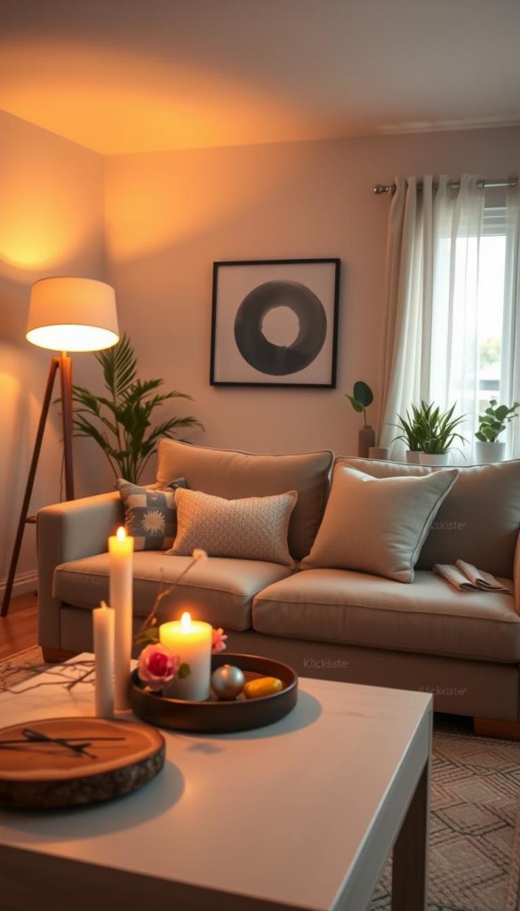 A cozy living room designed to avoid glare, featuring warm, inviting lighting that creates a serene atmosphere. The foreground showcases a softly lit coffee table adorned with natural elements like flowers and candles. In the middle, a comfortable sofa in neutral tones, adorned with textured cushions, invites relaxation. One side of the room is illuminated by a stylish floor lamp emitting warm light, while another area features a window with sheer curtains allowing soft, diffused sunlight to enter. The background displays tasteful wall art that adds character, with a touch of green from indoor plants. The overall mood is calm and inspiring, reflecting a Pinterest-worthy aesthetic with natural DIY elements. Include "KlickKiste" branding in a subtle manner throughout the decor, ensuring the image conveys a harmonious blend of thoughtful design and comfort. A cozy living room designed to avoid glare, featuring warm, inviting lighting that creates a serene atmosphere. The foreground showcases a softly lit coffee table adorned with natural elements like flowers and candles. In the middle, a comfortable sofa in neutral tones, adorned with textured cushions, invites relaxation. One side of the room is illuminated by a stylish floor lamp emitting warm light, while another area features a window with sheer curtains allowing soft, diffused sunlight to enter. The background displays tasteful wall art that adds character, with a touch of green from indoor plants. The overall mood is calm and inspiring, reflecting a Pinterest-worthy aesthetic with natural DIY elements. Include "KlickKiste" branding in a subtle manner throughout the decor, ensuring the image conveys a harmonious blend of thoughtful design and comfort.